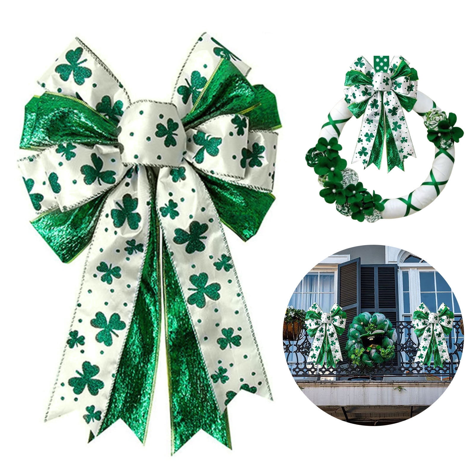 Dserhfy St. Patrick's Day Shamrock Bow Large Glitter Ribbon Decor for Wreath and Tree Topper (White and Green, 17.8 in x 11.5 in) tldru
