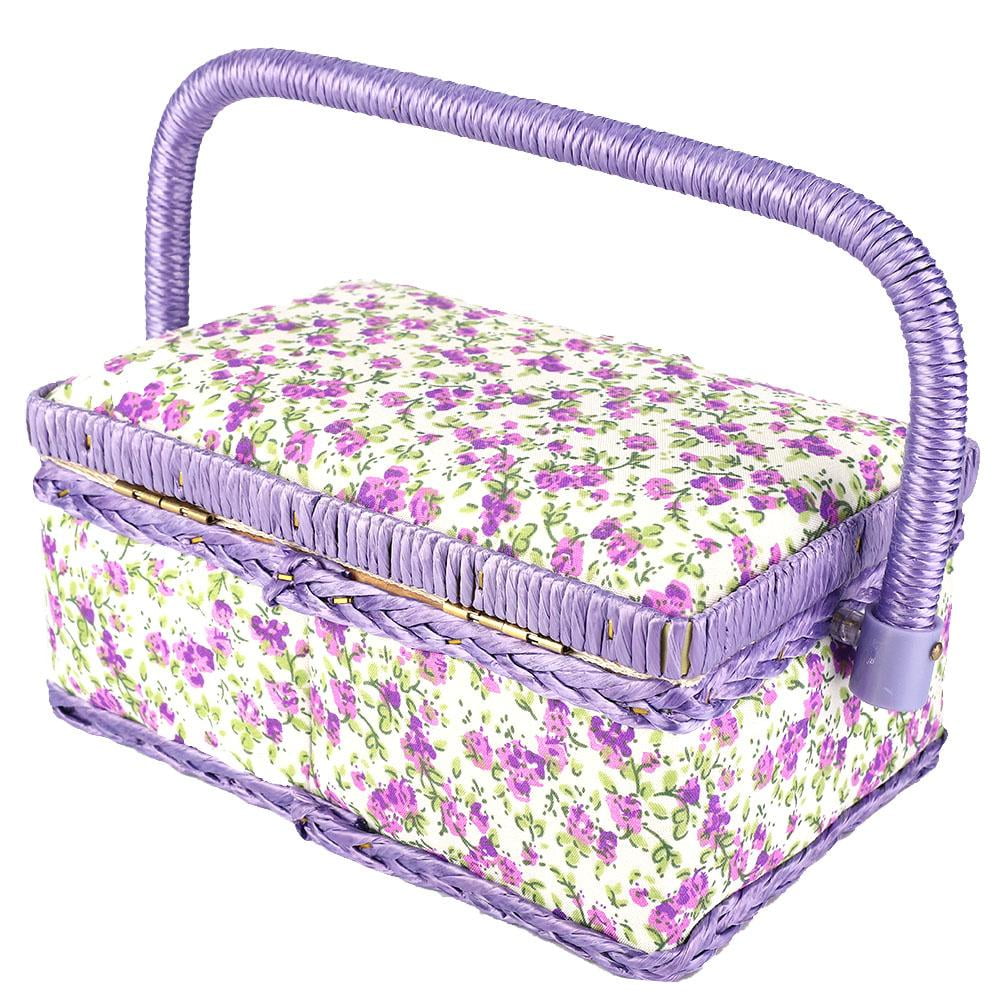 Tebru Sewing Basket Organizer with Handle, Double-Layer Storage Box for Thread and Needle (Purple Flower, 12 in x 9 in x 6 in) bo8la