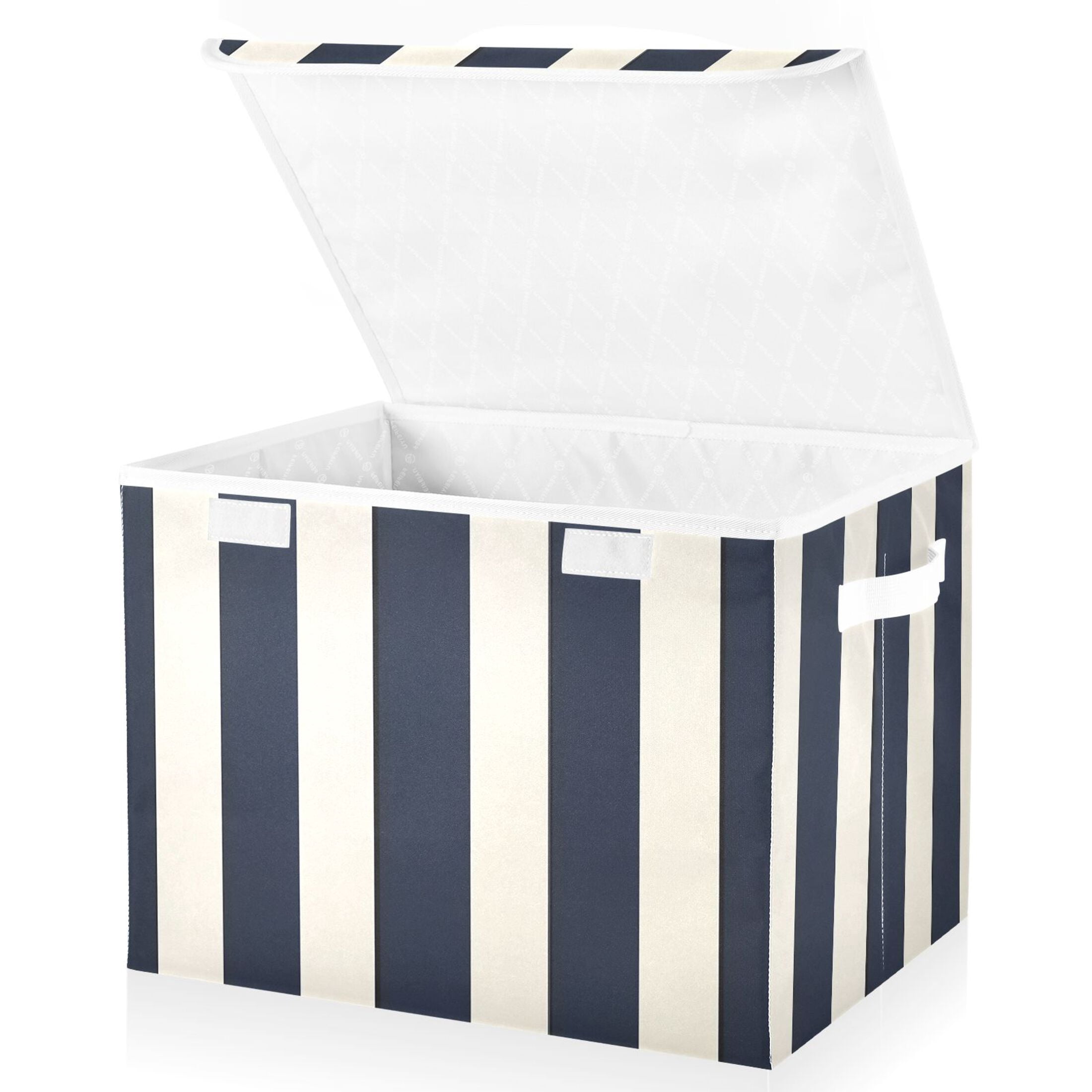 Booyaa Foldable Storage Bin with Lid and Handles, Vertical Stripe Fabric Organizer for Closet and Home (Navy Blue, 16.5 x 12.6 x 11.8 in) wvq29