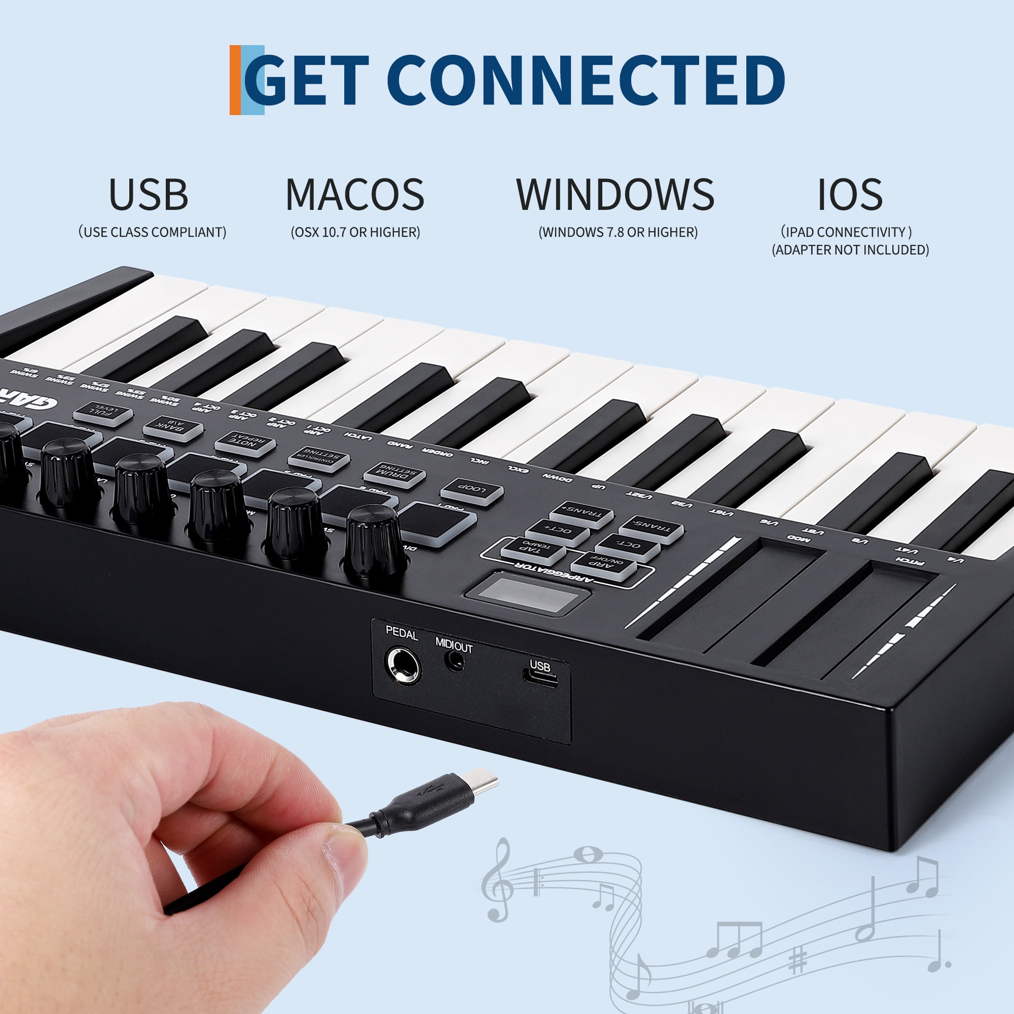 Peparins 25-Key MIDI Keyboard Controller, Compact USB DAW Integrated Music Production Keyboard with 8 Drum Pads and OLED Display (Black, 25-Key) 9pea8