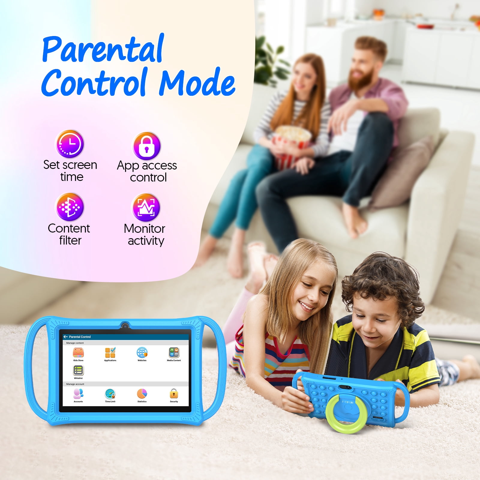 FITIFUN Kids Tablet 7 in HD IPS Display Quad-Core Android 13 Tablet with Parental Control (Blue, 32GB) hygj2