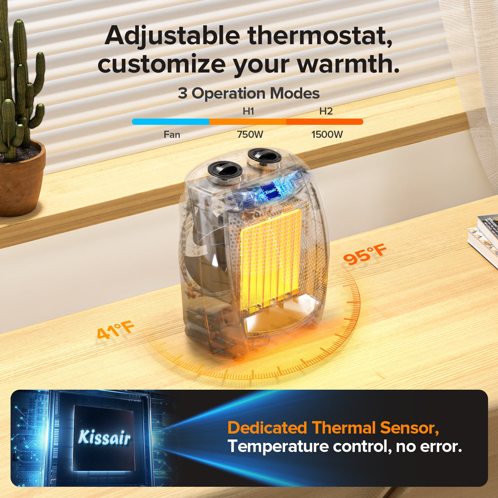 KissAir Portable Ceramic Space Heater (1500W, Black, 8.07 x 7.13 x 5.51 in) 2hx06