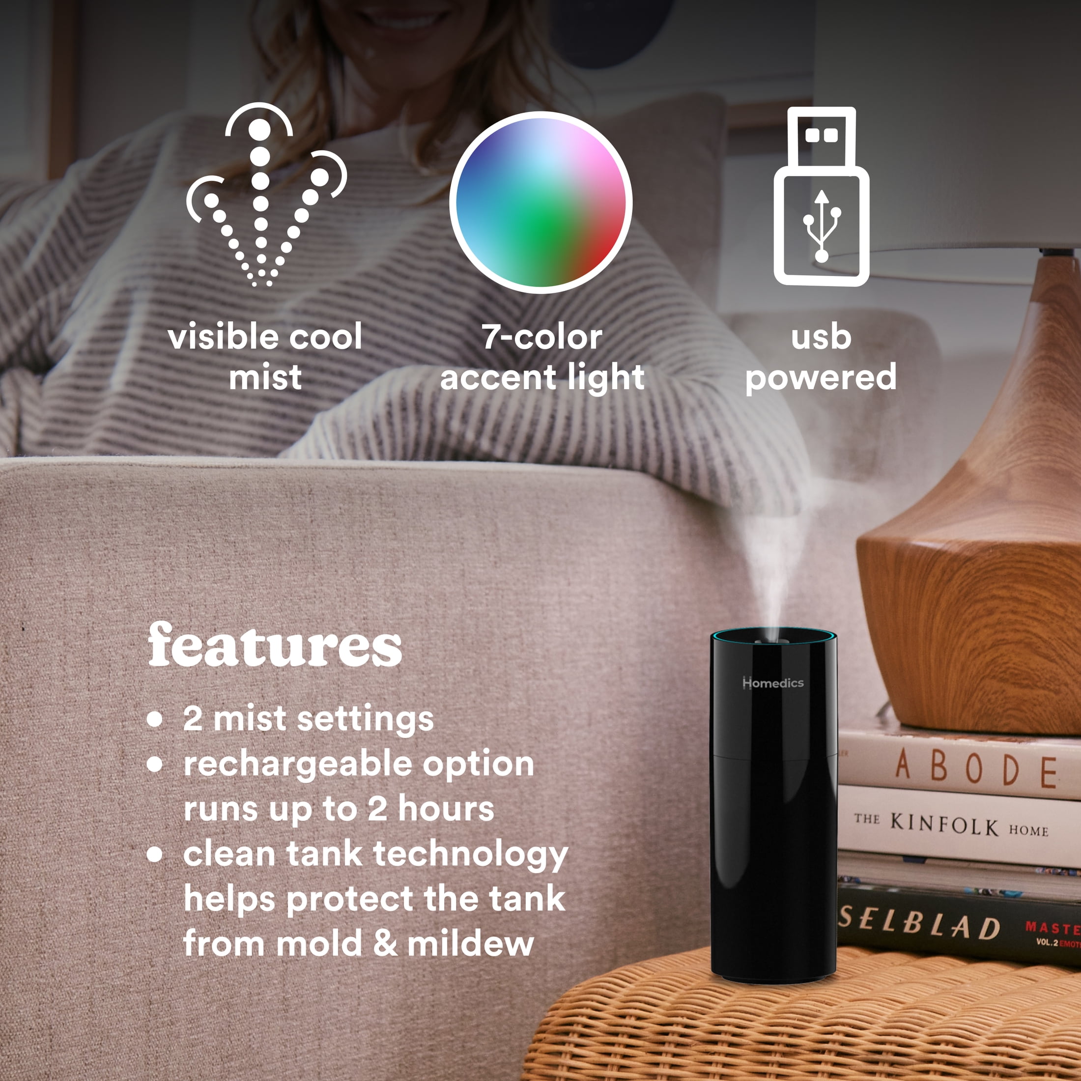 Homedics Portable Ultrasonic Humidifier, Cool Mist Desktop Air Moisturizer with Nightlight (Black, 7.7 fl oz) ju8jz