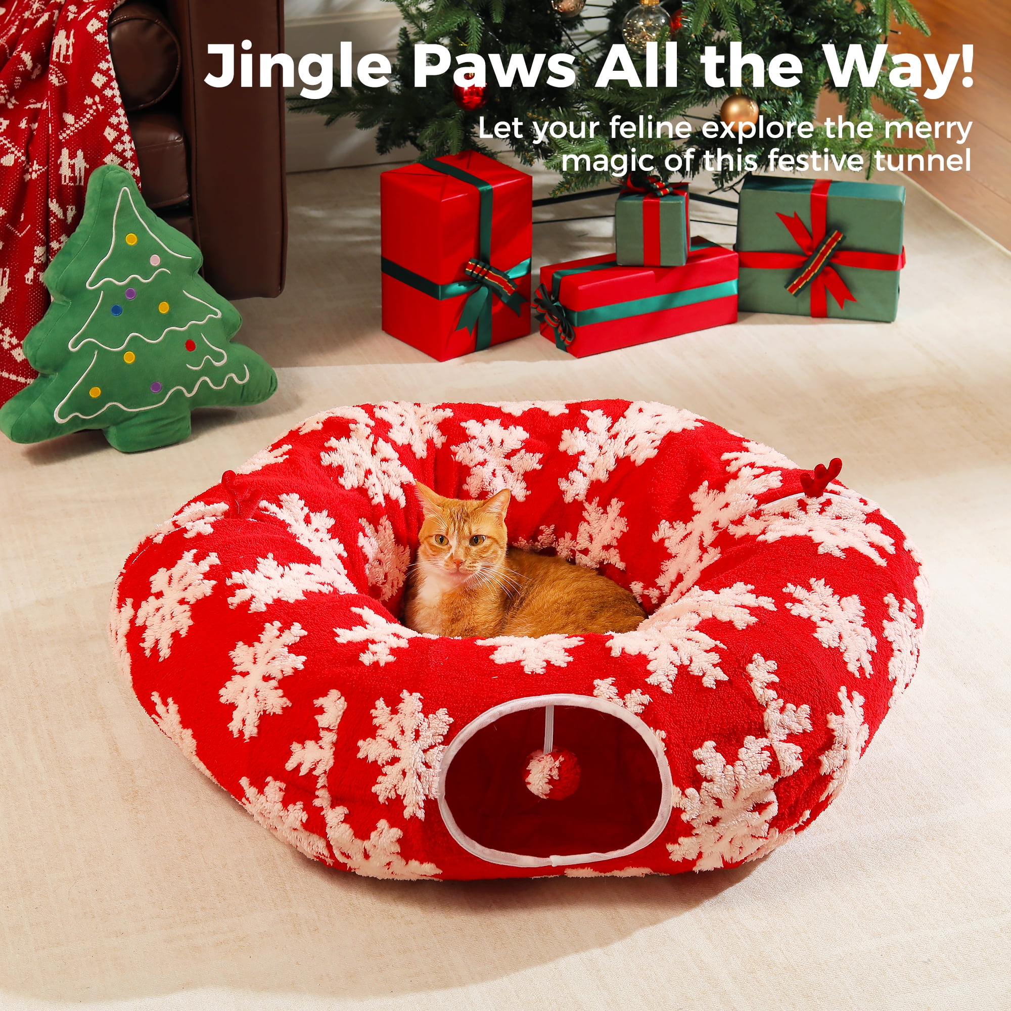 PAWZ Road Christmas Cat Tunnel Bed with Soft Mat and Hanging Toys (Red, 34 in) 3w2e7