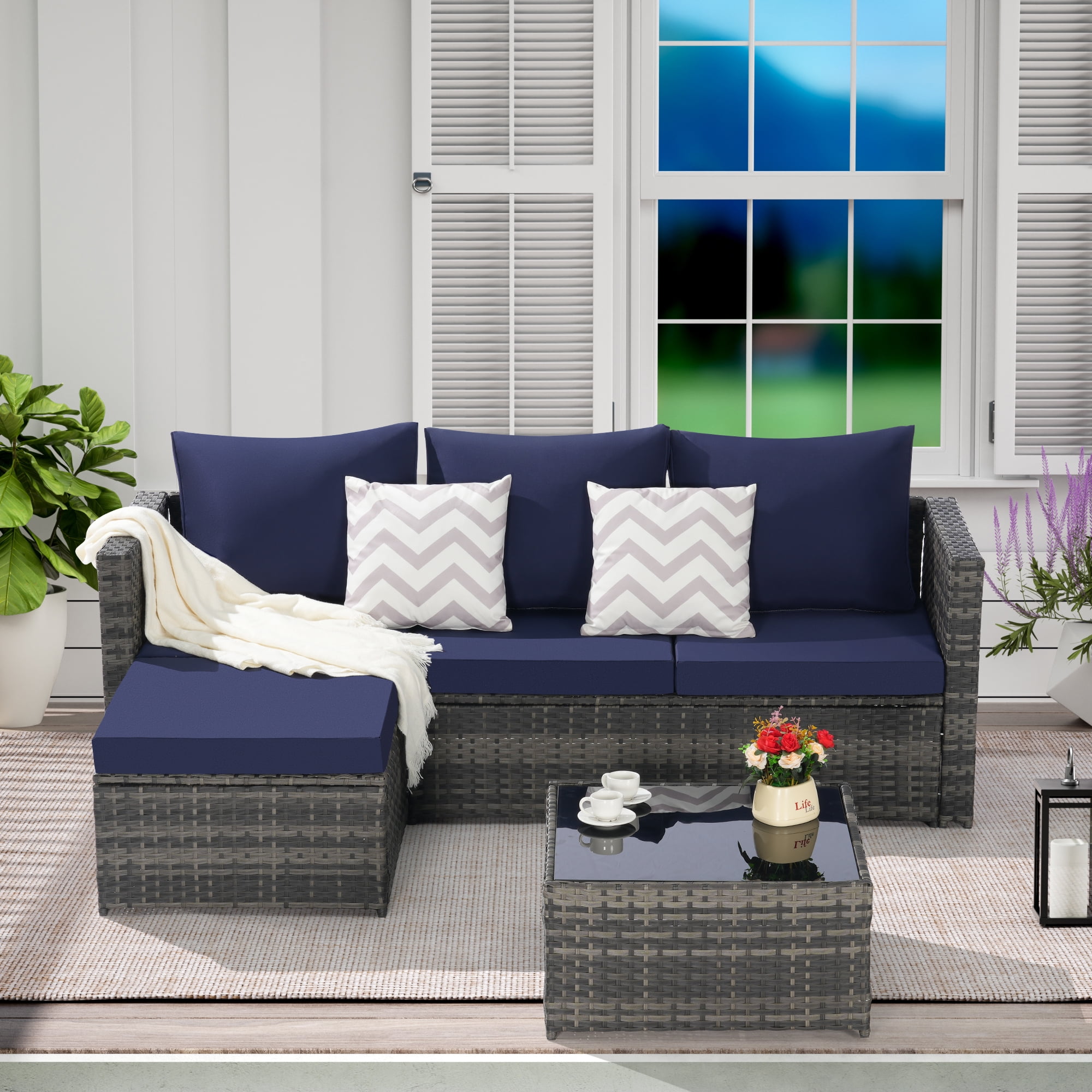 Meiyiu 3-Piece Outdoor Patio Furniture Set, All-Weather Rattan Wicker Conversation Sofa with Cushions, Ottoman, and Glass Table (Blue, 3-Piece Set) pqogq
