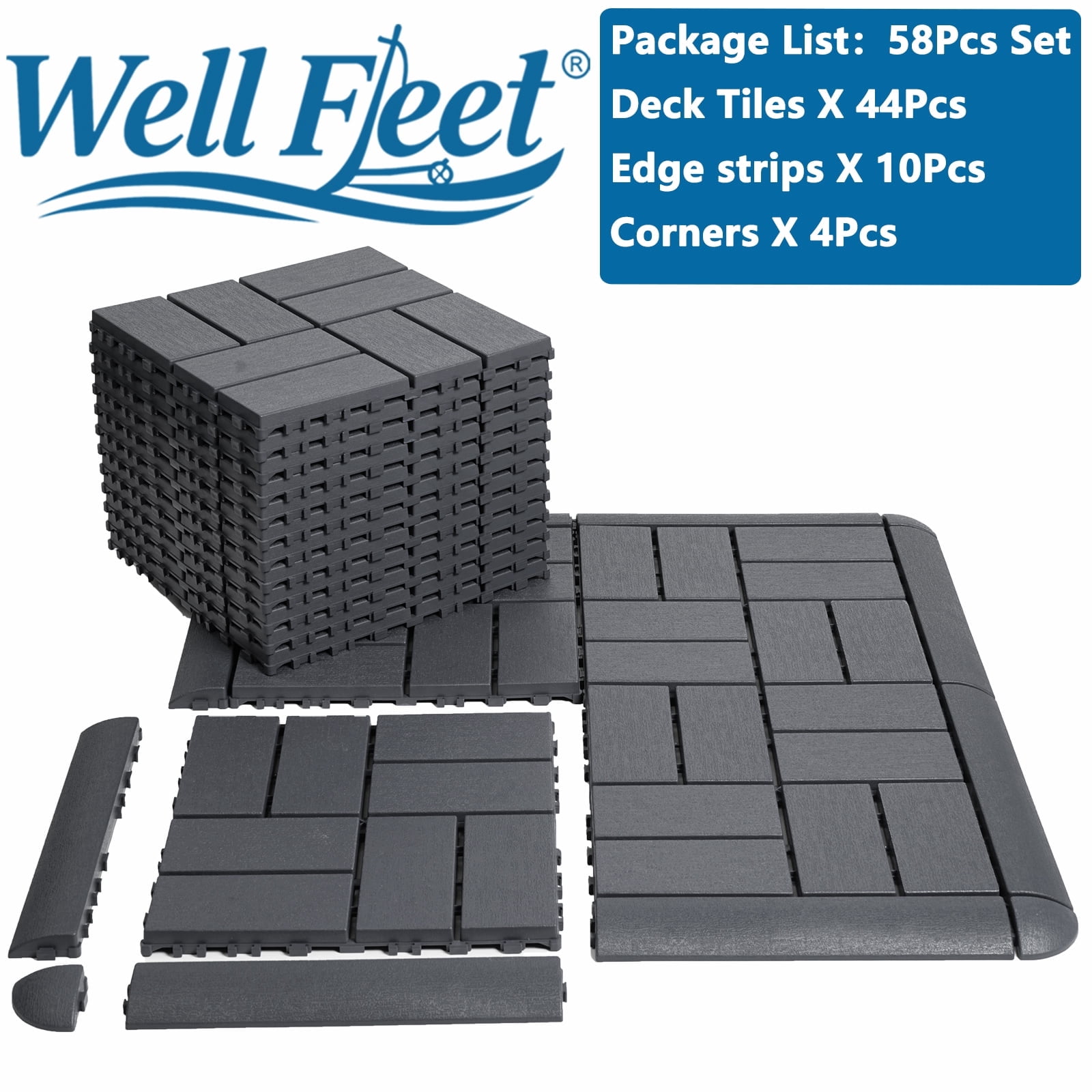 Well Fleet Interlocking Deck Tiles, Weather-Resistant Plastic Patio Flooring for Outdoor Garden and Poolside (Grey, 58 Piece Set) q3nl0