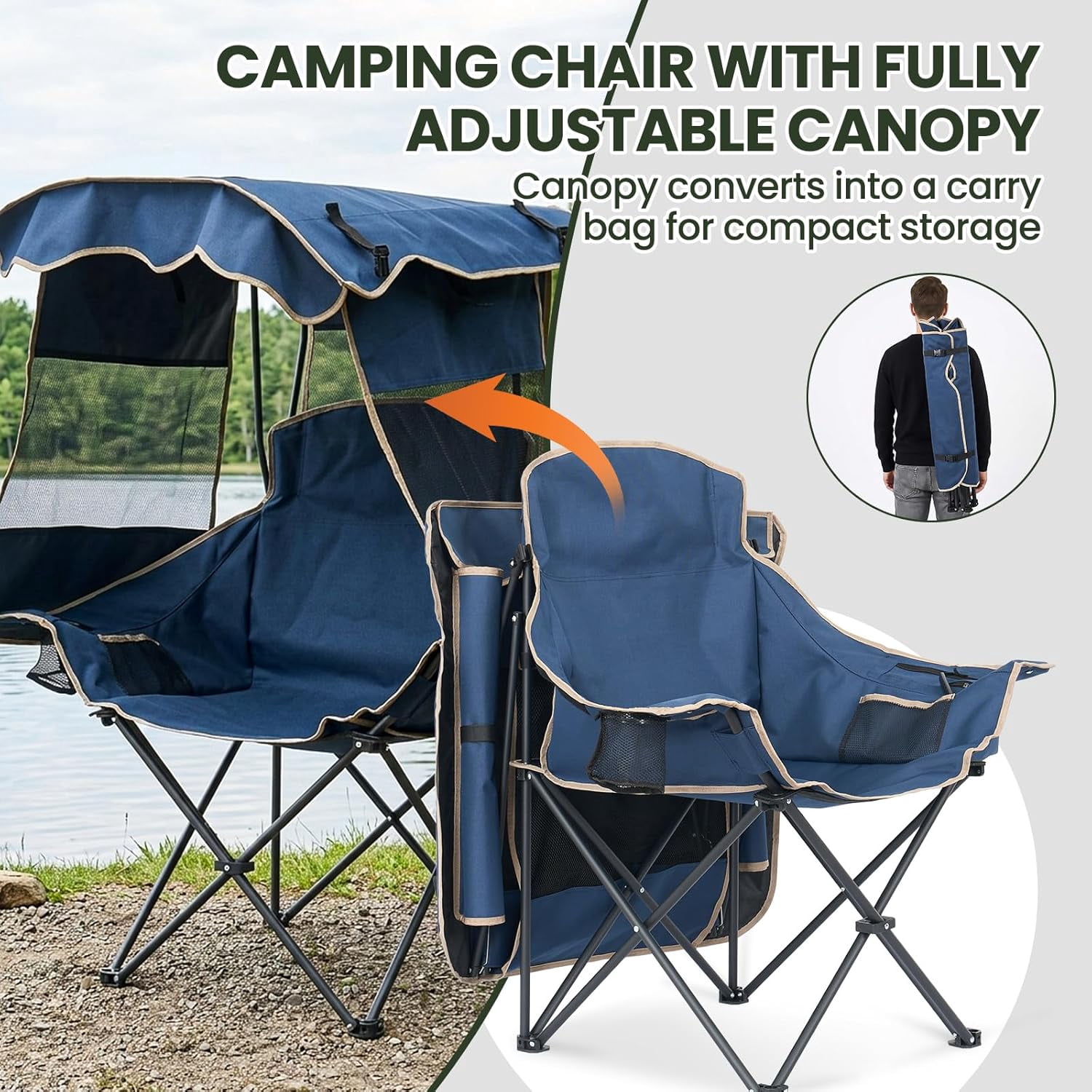 ABORON Camping Chair with Canopy, Folding Portable Beach Lounge Chair with Cooler Bag and Cup Holder (Blue, One Size) 3gkl5