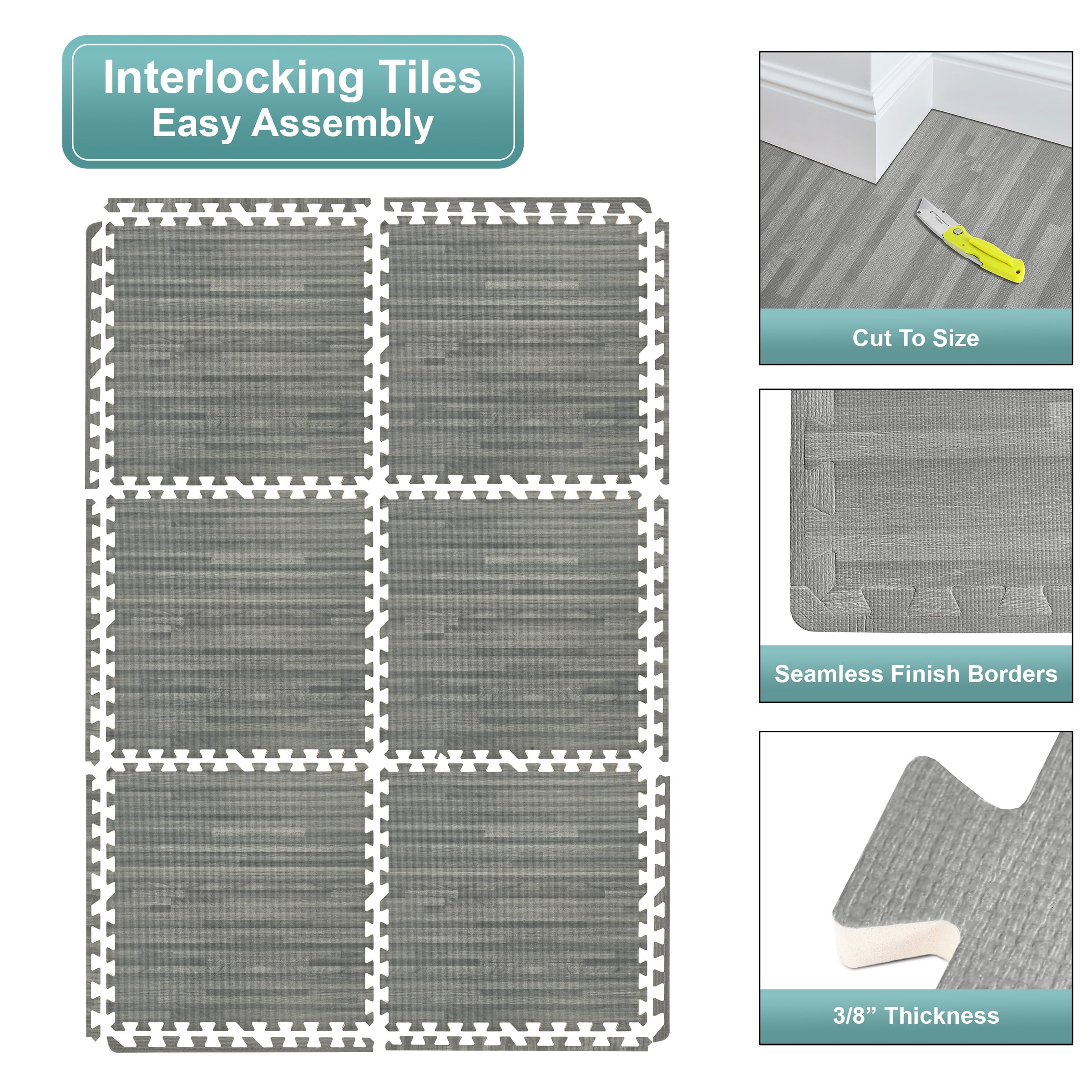 Sorbus Interlocking Foam Floor Tiles with Wood Grain Finish (Gray, 80 sq ft, 20-Piece Set) al2kw