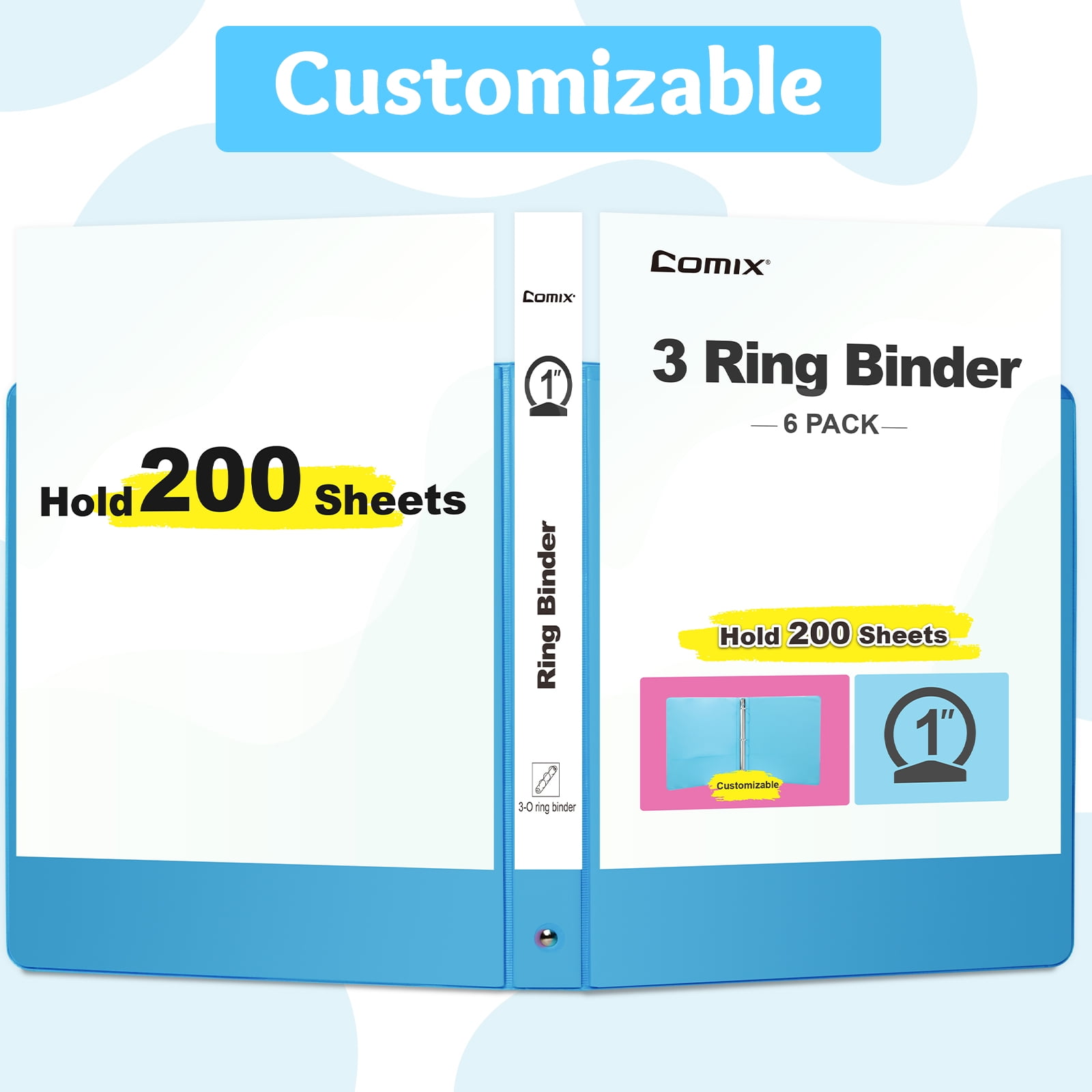 COMIX 3-Ring Binder, 1 in Round Ring, 200 Sheet Capacity, Durable Office Organizer (Assorted Colors, 12 Pack) npi2w