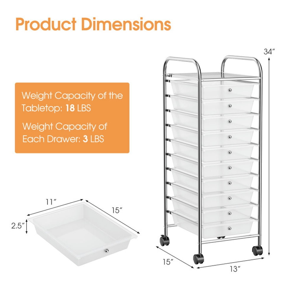 Spaco 10 Drawer Rolling Storage Cart Organizer with Universal Casters (Clear, 14.6 in x 12.8 in x 33.8 in) 92n3v