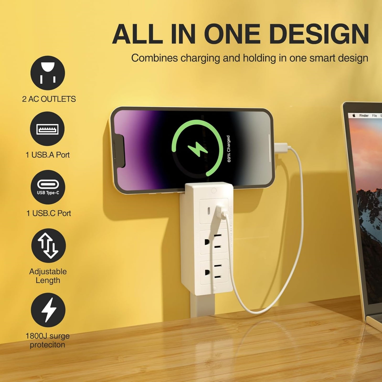 Demine Electrical Outlet Extender Stick with USB-A, USB-C, and 2 AC Ports (White, 18 in to 27 in) le64l
