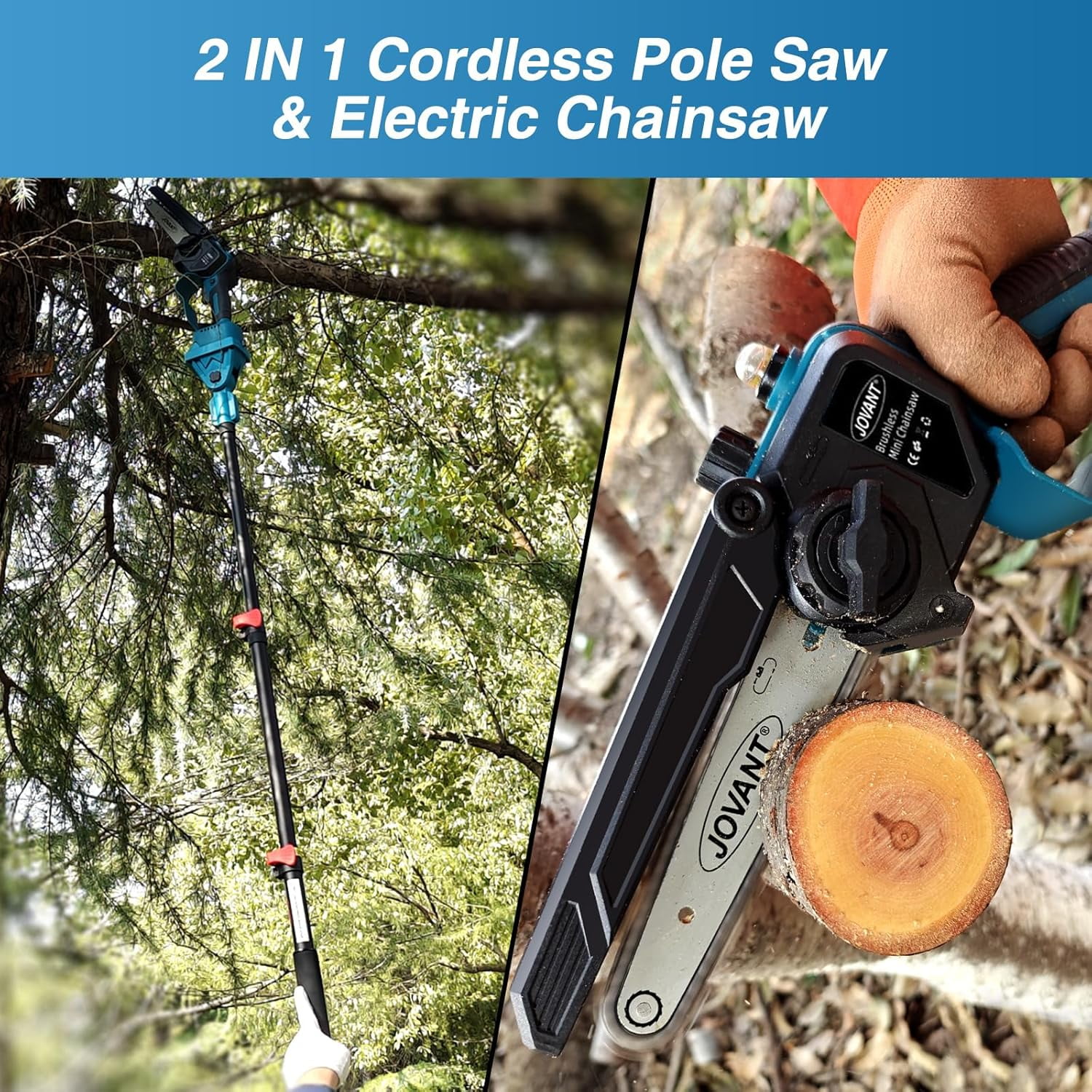 JOVANT 2-in-1 Cordless Pole Saw, Brushless Electric Chainsaw for Tree Trimming (15 ft Reach, 20V 4.0Ah Battery, 2 Pack) vkswy