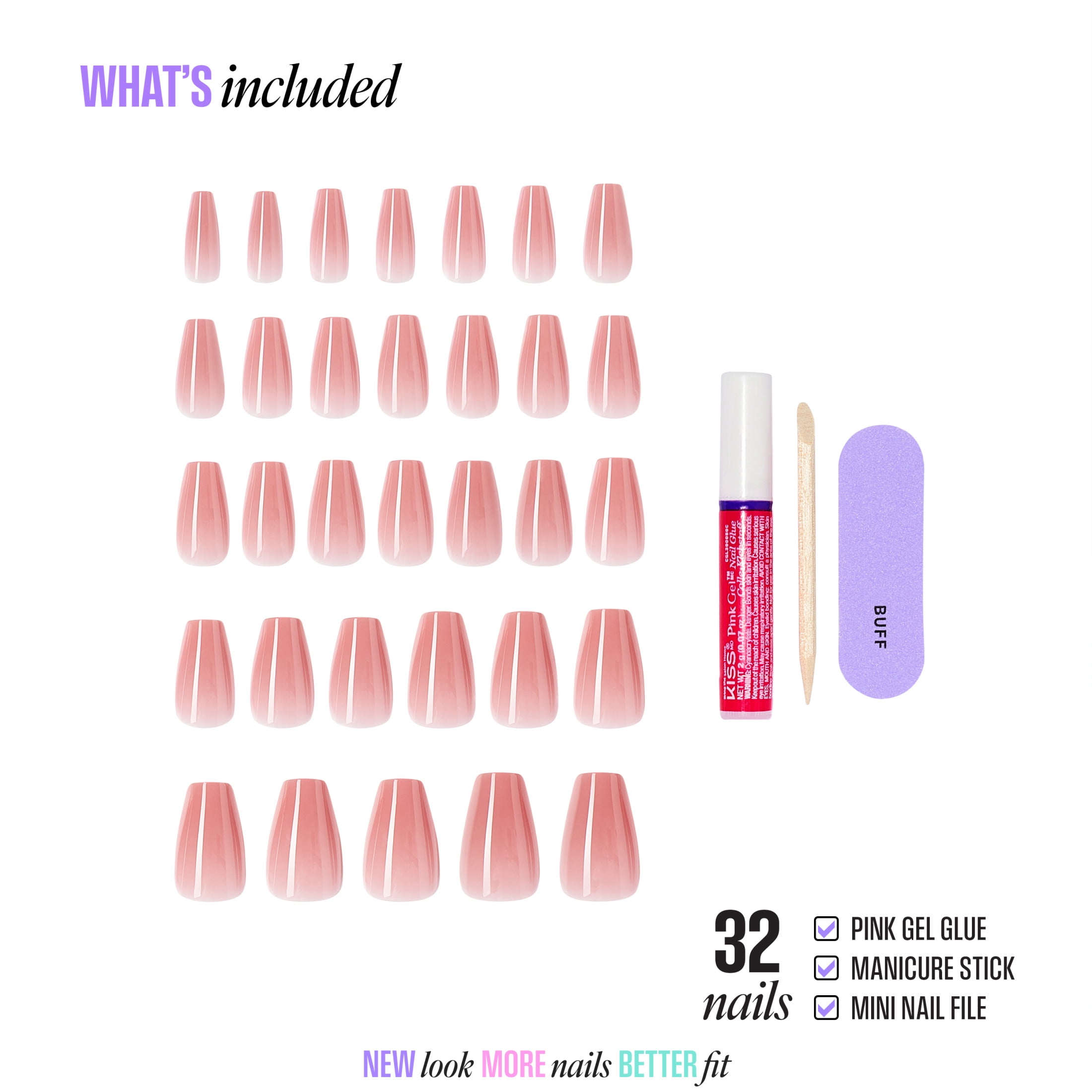 Kiss Core Color Press-On Nails, Medium Coffin Shape, Long-Lasting Durable Finish (Pink, 32 Pieces) jst28