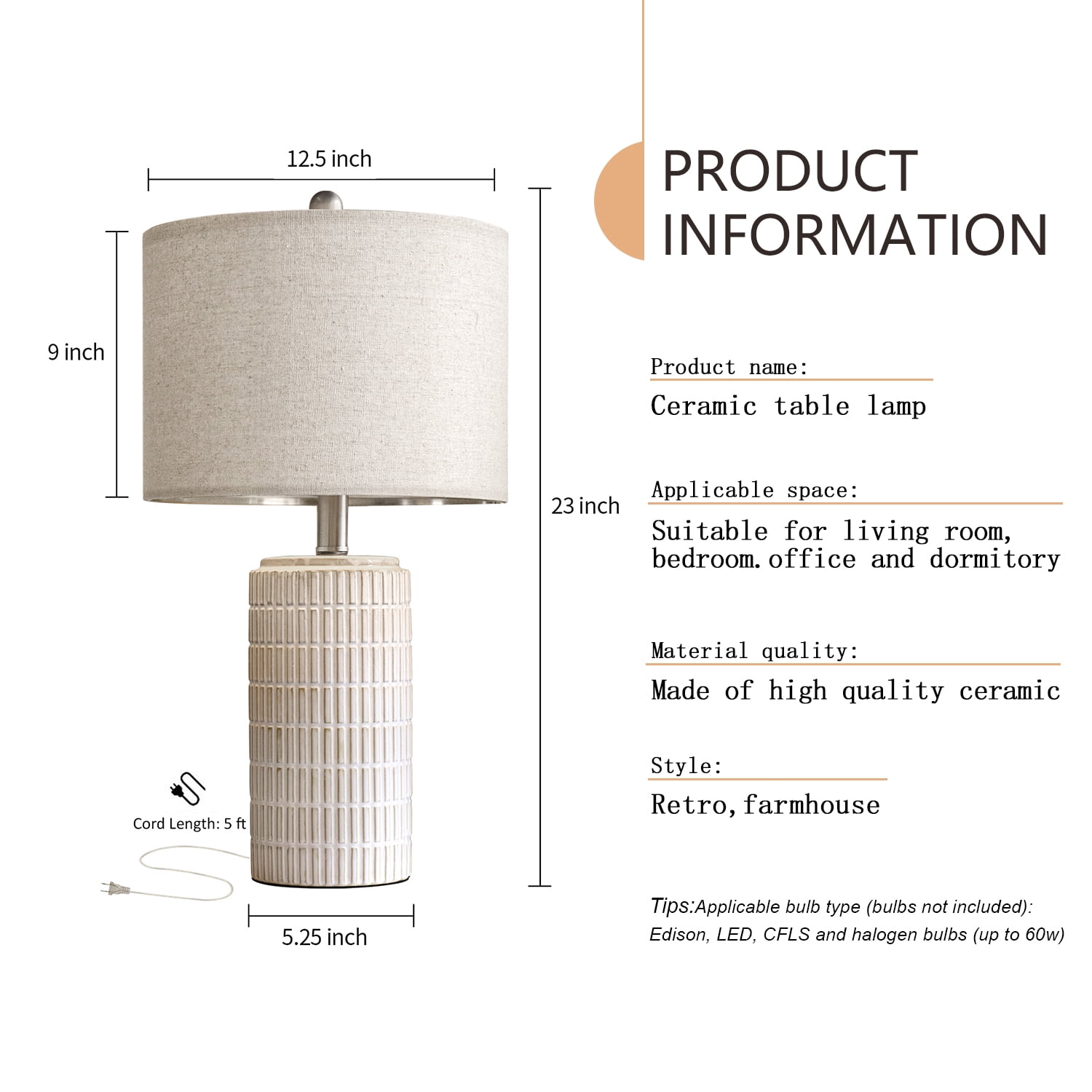 Oneach Ceramic Table Lamps Set of 2, Rustic Bedside Nightstand Lighting with Linen Shades (White, 23 in) 5a0kk