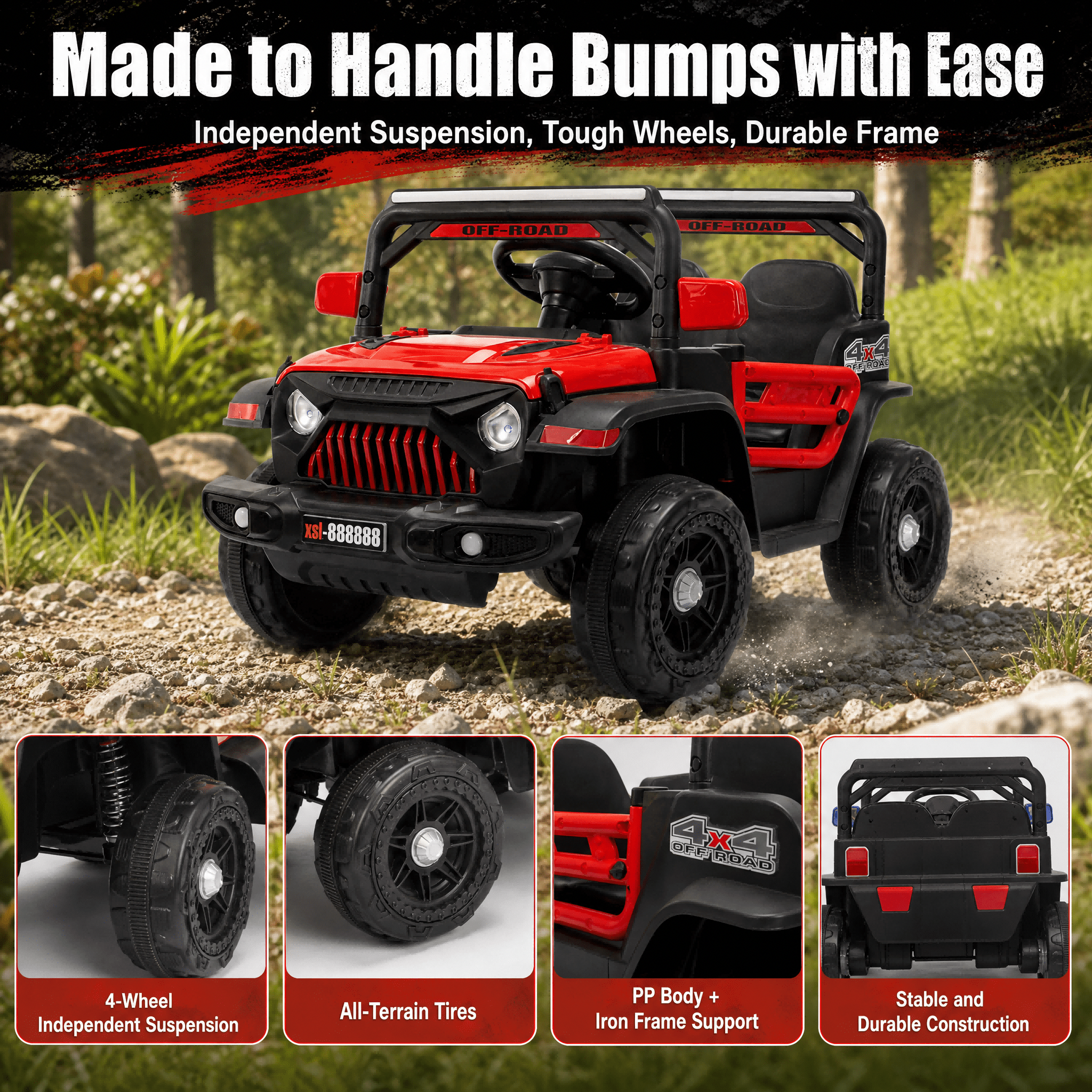 FUPOJH 12V Electric Kids Ride-On Jeep with Remote Control, Bluetooth Music, and 4-Wheel Suspension (Red, 66 lb Capacity) 3f3rs