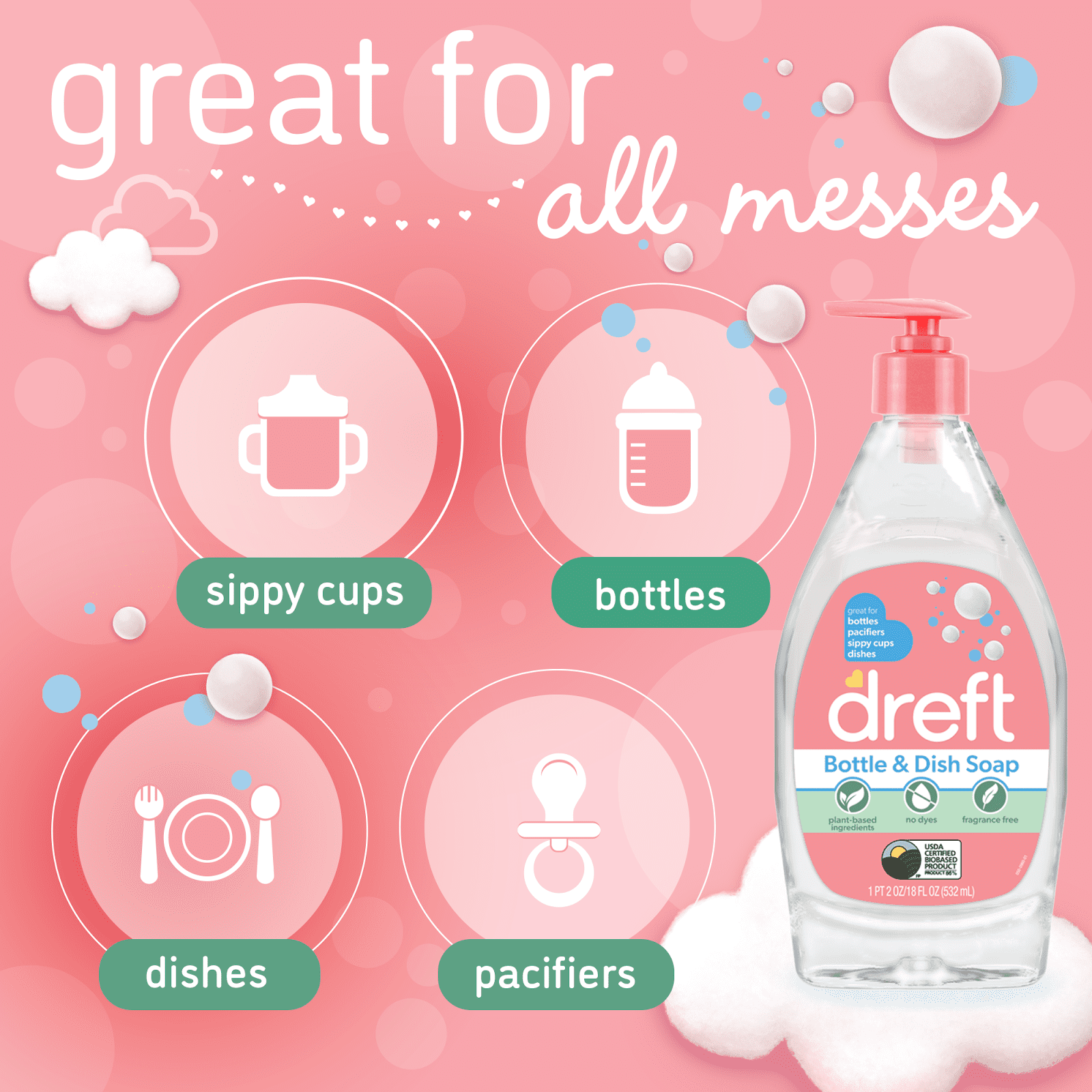 Dreft Plant-Based Liquid Dish Soap for Baby Essentials (Fragrance Free, 18 fl oz) yno6m