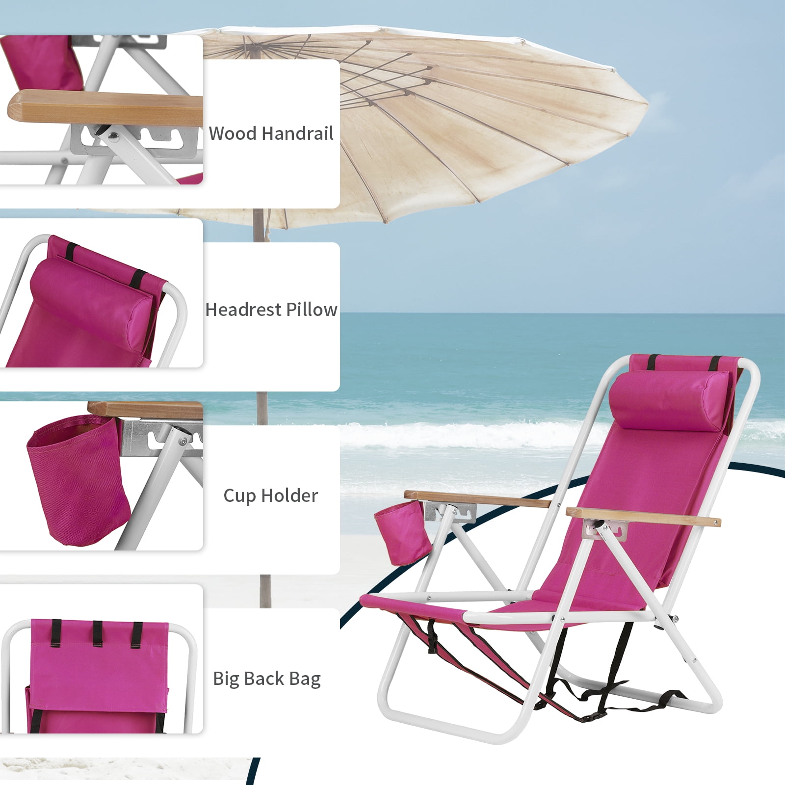 SUREGO Folding Beach Chair with Adjustable Headrest and 4-Position Recline (Pink, 1 Pack) z3lid