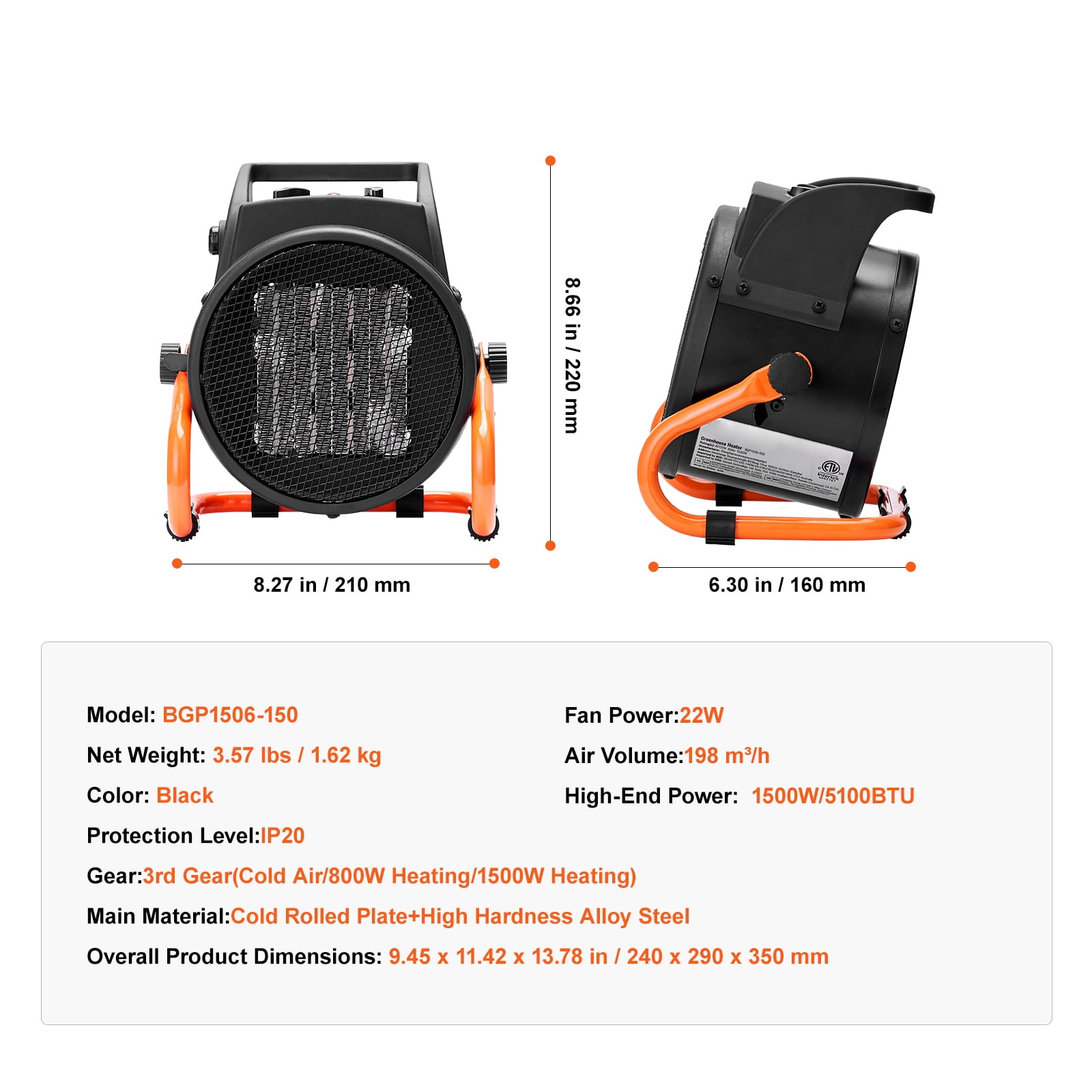 KFFKFF Greenhouse Heater, 1500W PTC Rapid Warming Fan with Overheat Protection (Black, 5 lb) o6jio