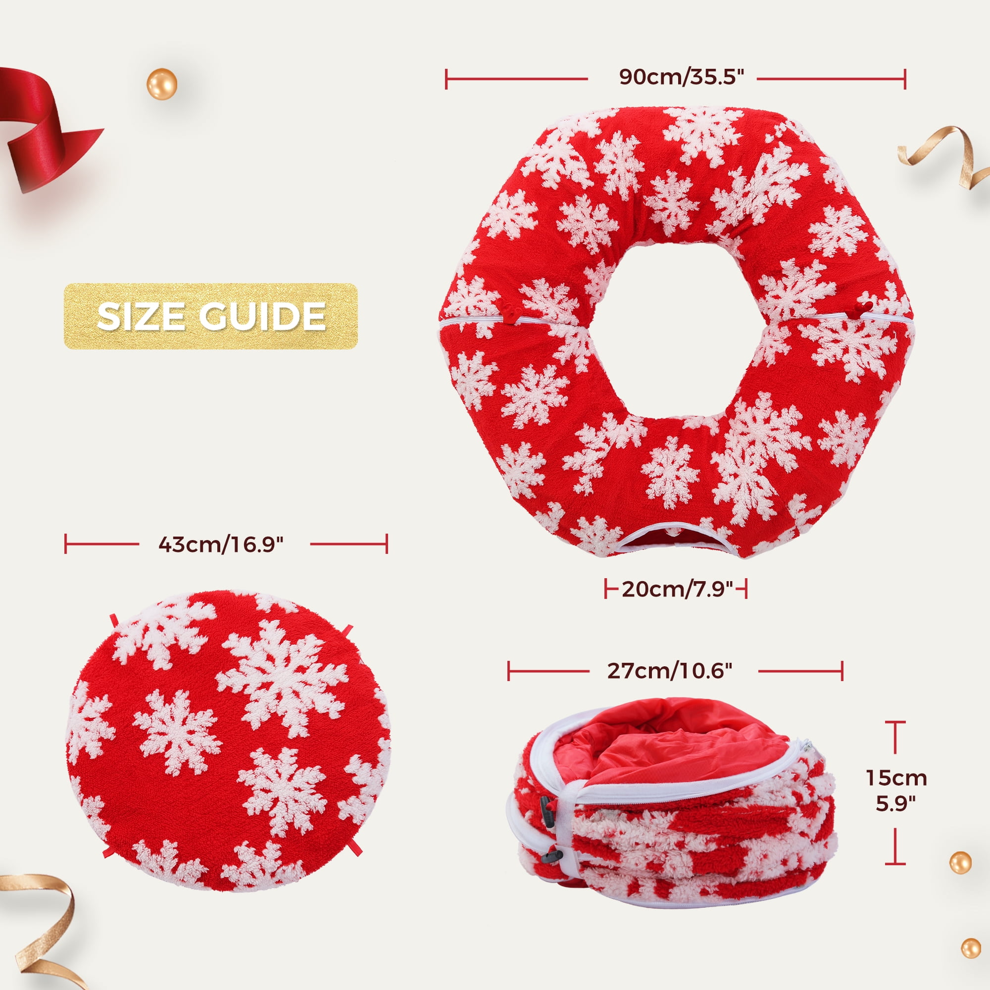 PAWZ Road Christmas Cat Tunnel Bed with Soft Mat and Hanging Toys (Red, 34 in) 3w2e7