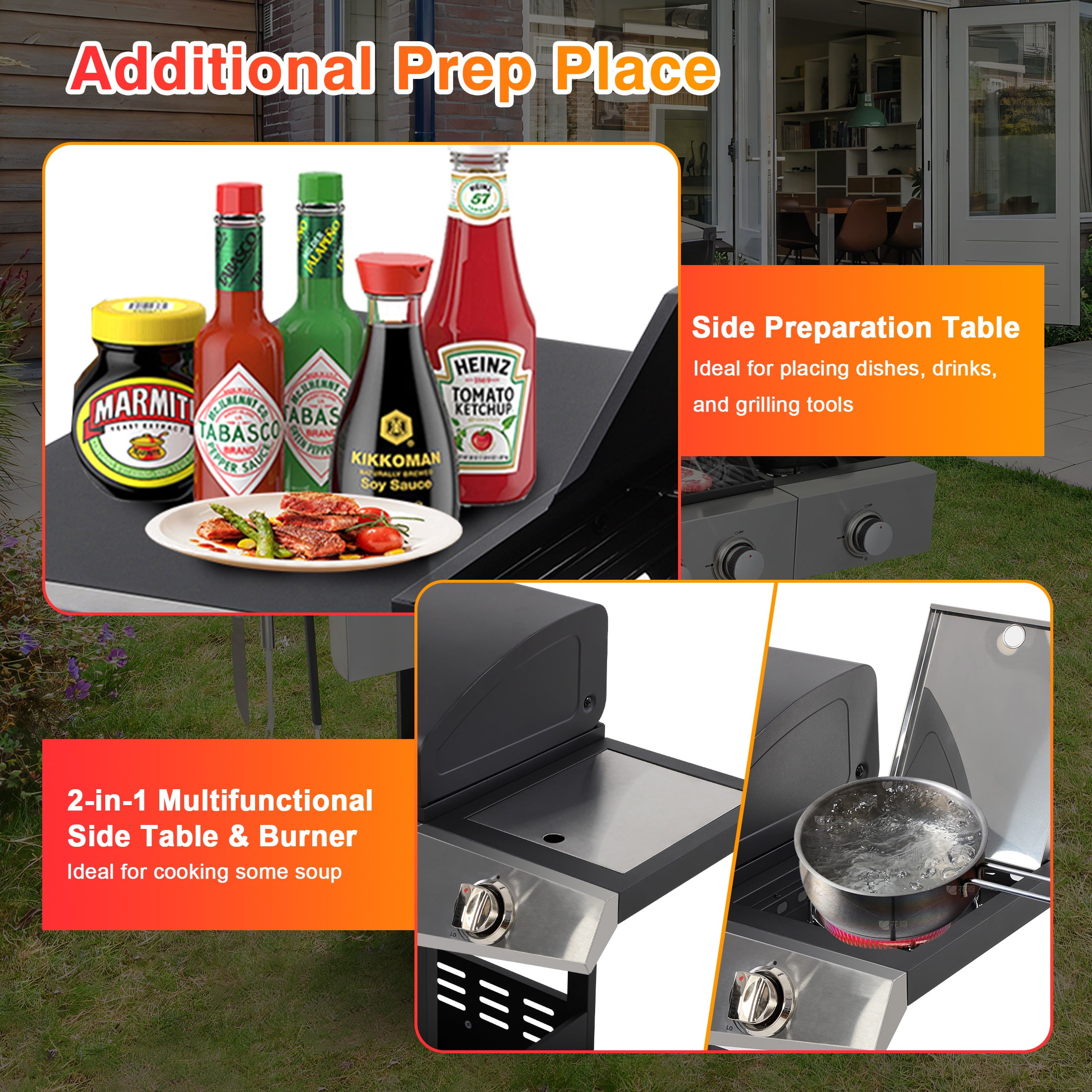 Segmart 3-Burner Propane Gas Grill with Side Burner and Thermometer (40000 BTU, 338 sq. in. Cooking Area) 54wni