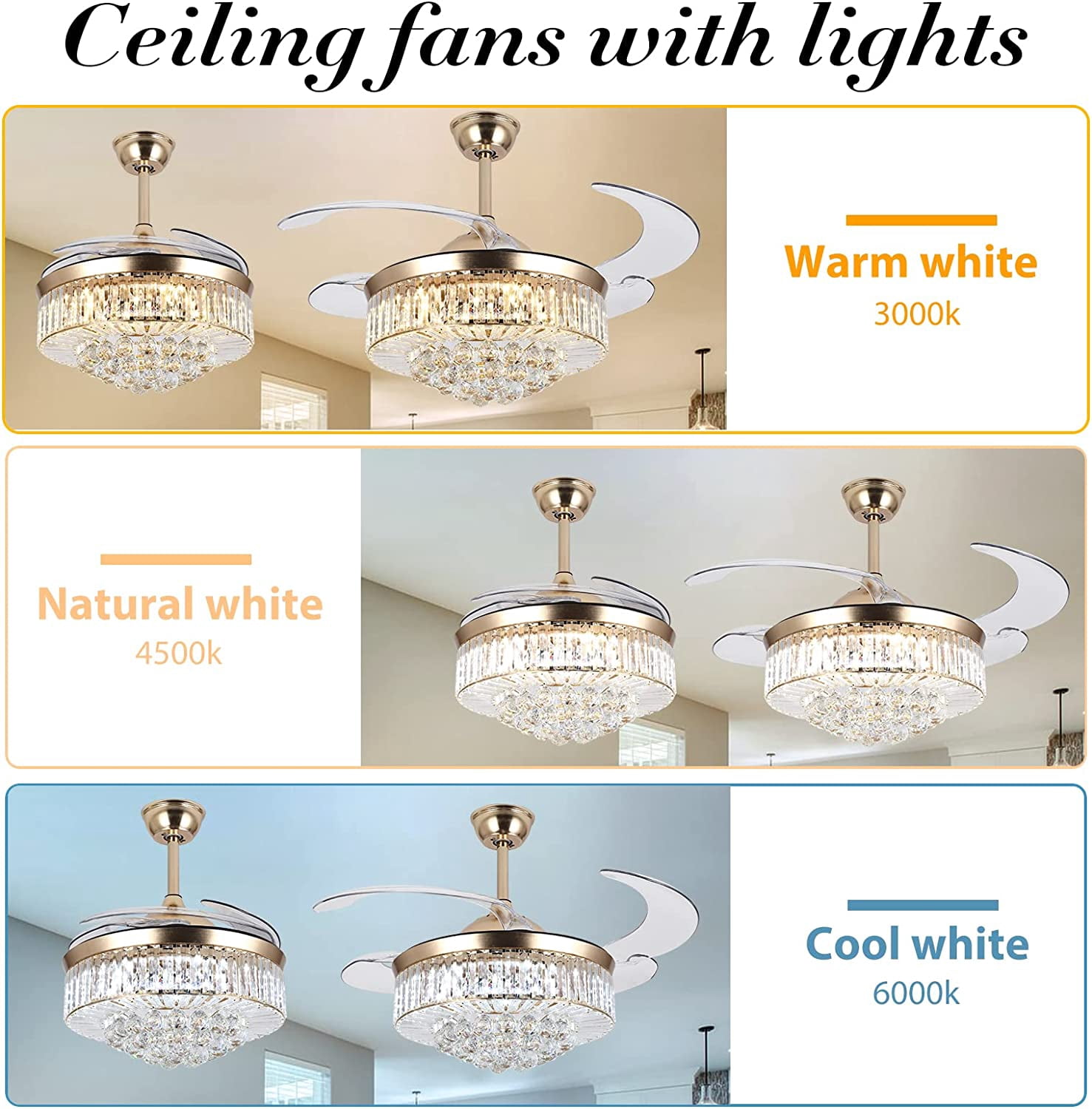 Datingday 42 in Crystal Ceiling Fan Chandelier with Remote (Gold, 42 in) exti6