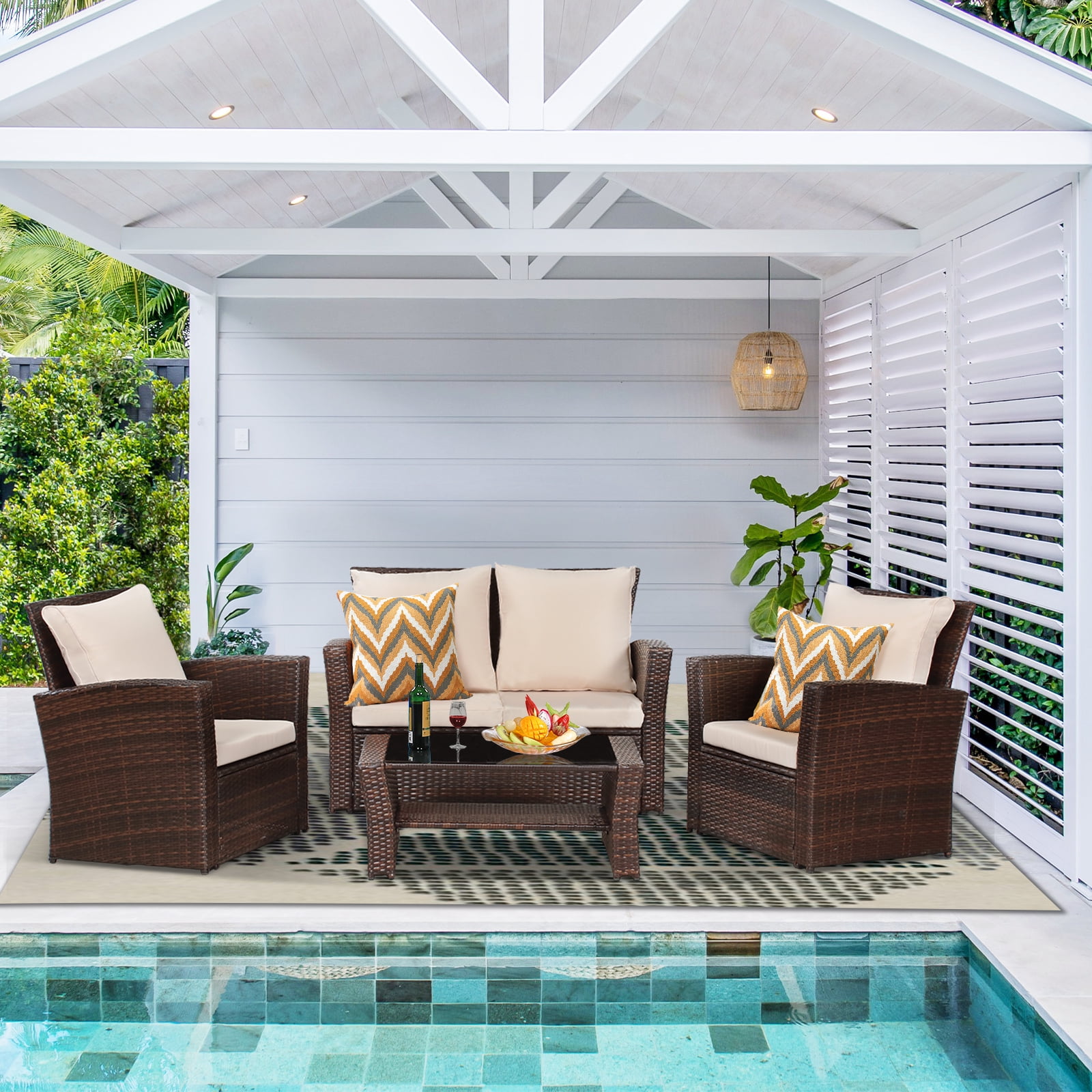Cozy Home 4-Piece Rattan Outdoor Patio Furniture Set, Wicker Conversation Sofa and Coffee Table (Brown, 4-Piece Set) blo4v