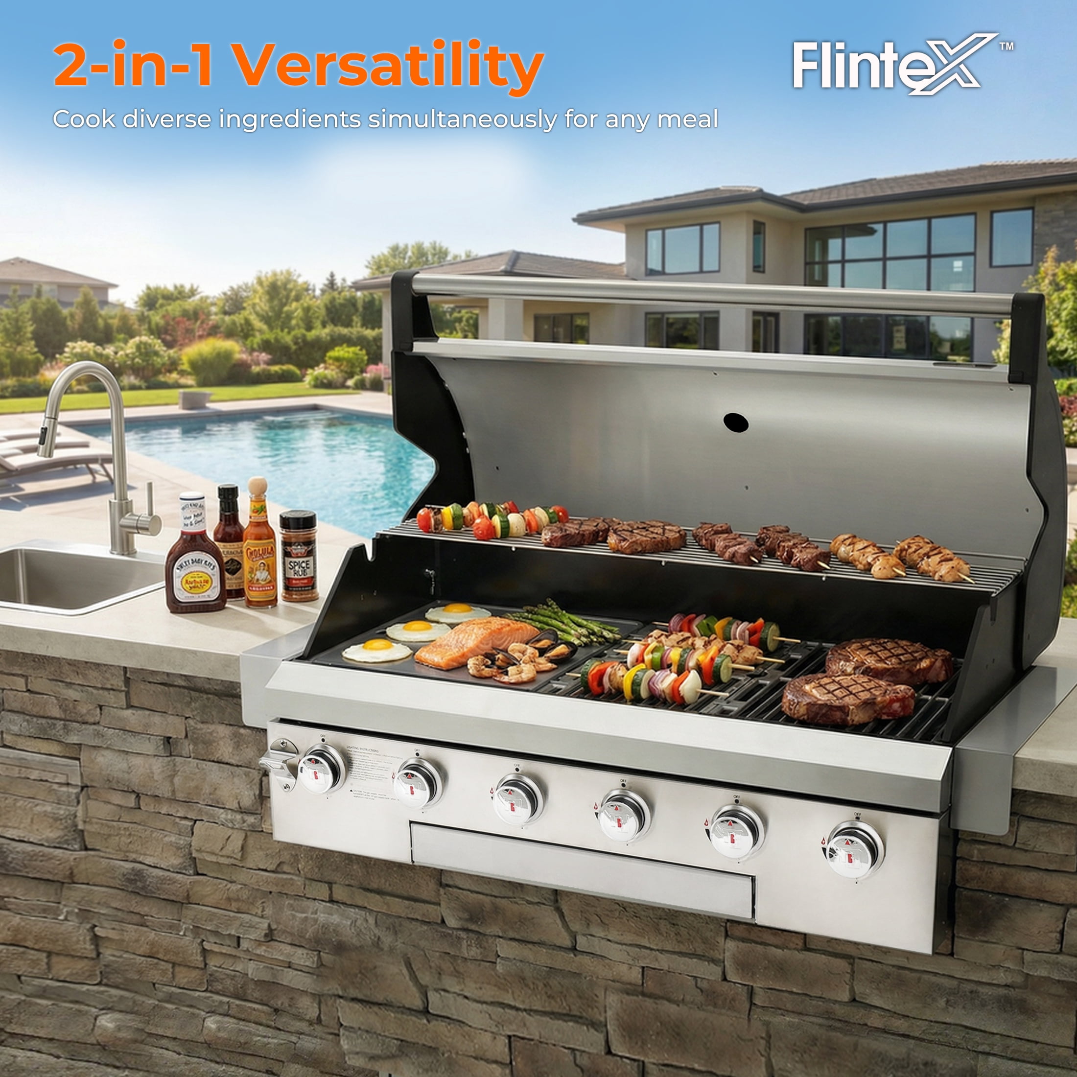 Flintex 6-Burner Built-In Gas Grill, Outdoor Kitchen BBQ Head with 859.8 sq in Cooking Area (Stainless Steel, 60,000 BTU) yyrio