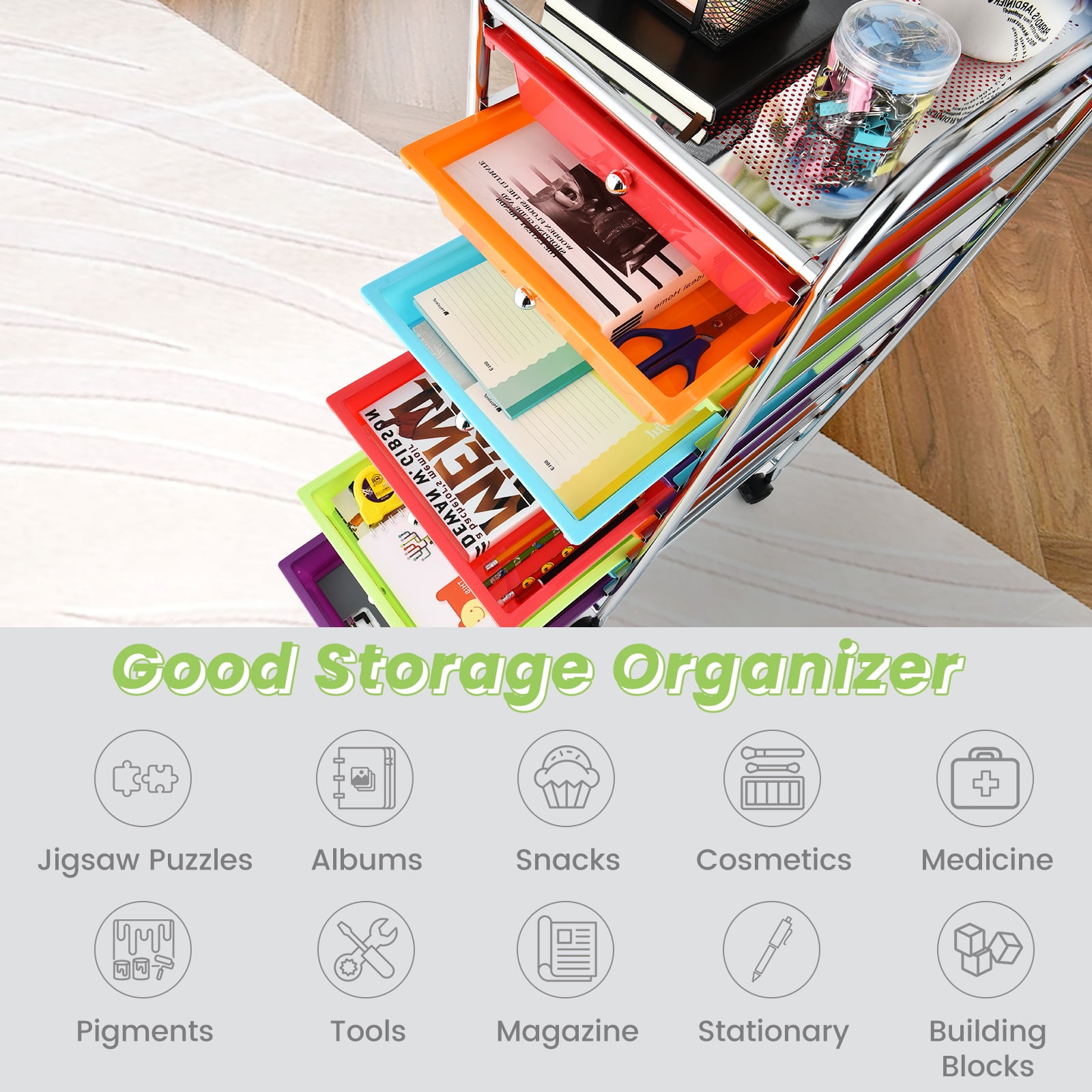 Costway Rolling Storage Cart with 10 Drawers, Mobile Organizer for Office and School (Multicolor, 38 in x 15 in x 13 in) 2wfoq