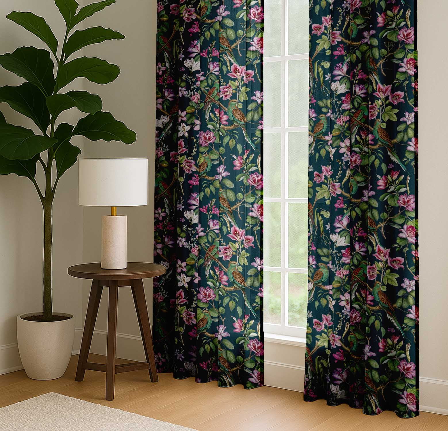 Vargottam Cotton Window Curtains, Light Filtering Drapes with Bird Print (Green, 52 in x 63 in, Set of 2) hs0ru