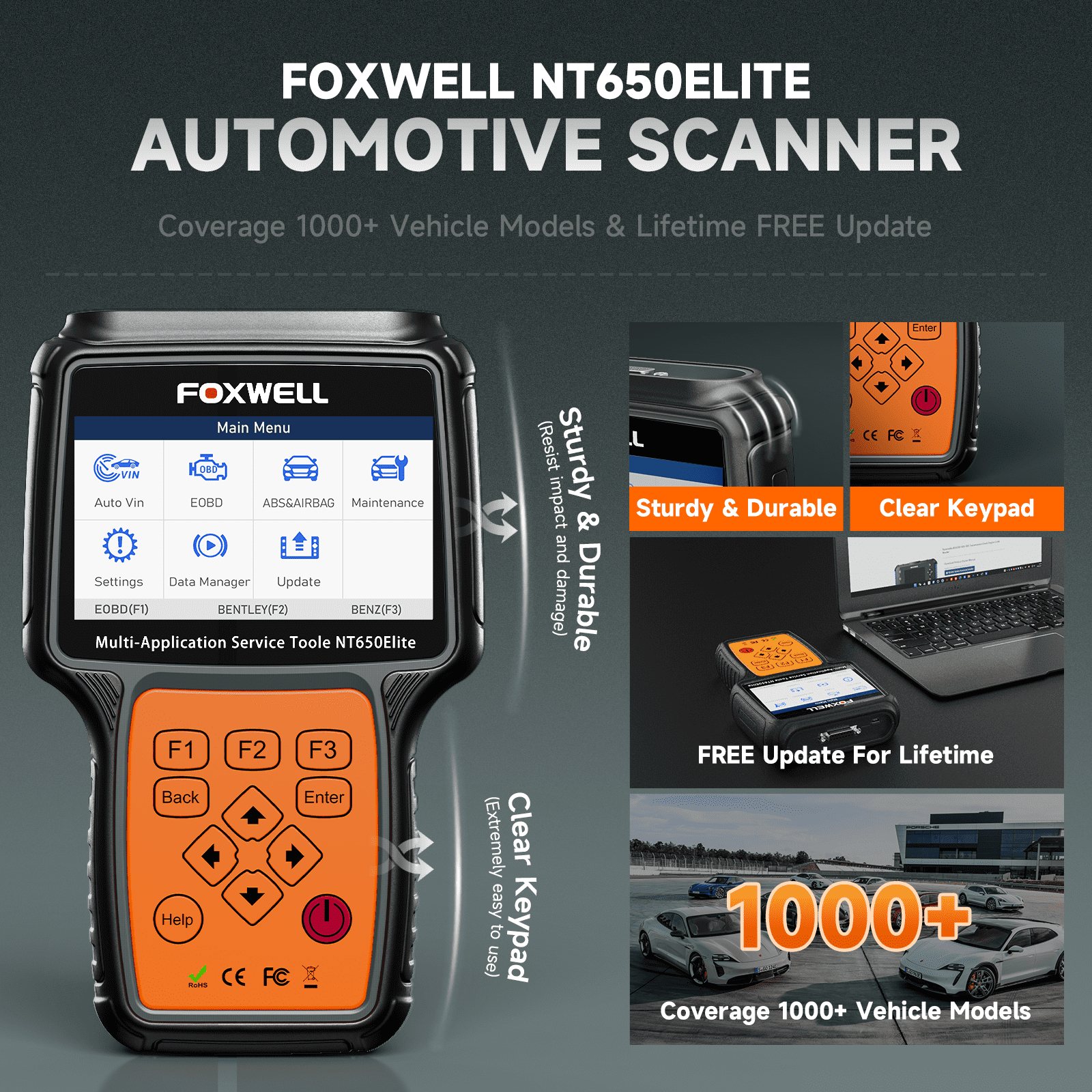 Foxwell NT650 Elite OBD2 Scanner Bidirectional Diagnostic Tool with 26 Maintenance Reset Services (Black, 4.3 in Screen) kbuxz