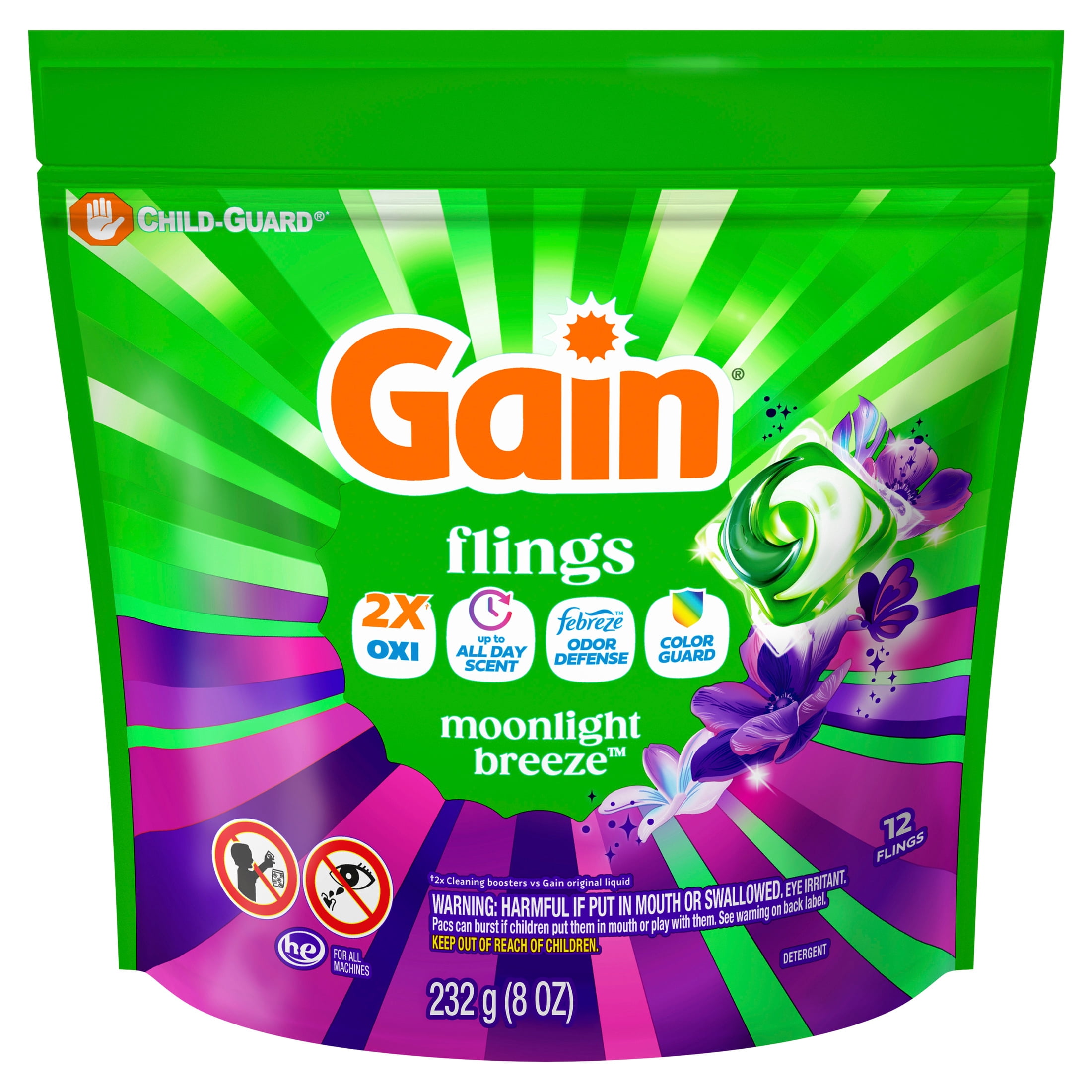 Gain Flings Laundry Detergent Pacs, 4-in-1 Oxi Boost and Febreze, Moonlight Breeze Scent (12 Count) trko2
