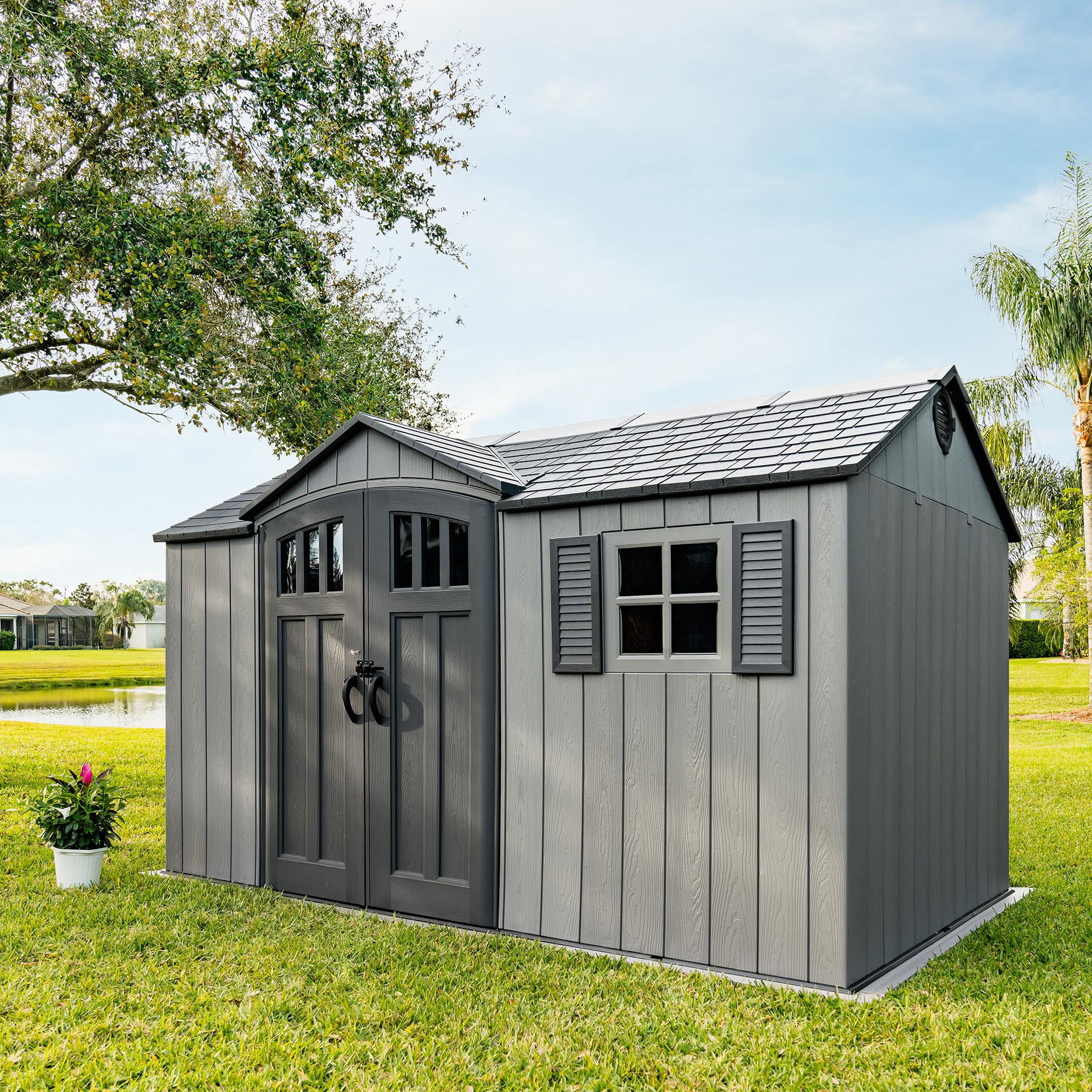 Lifetime Polyethylene Outdoor Storage Shed (Tan/Gray, 12.5 ft x 8 ft) 84oib
