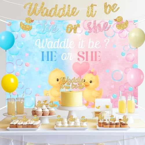 Duck Gender Reveal Party Decoration Set with Backdrop Banner Cake Toppers and Balloons (Blue and Pink, 1 Set) nxeic