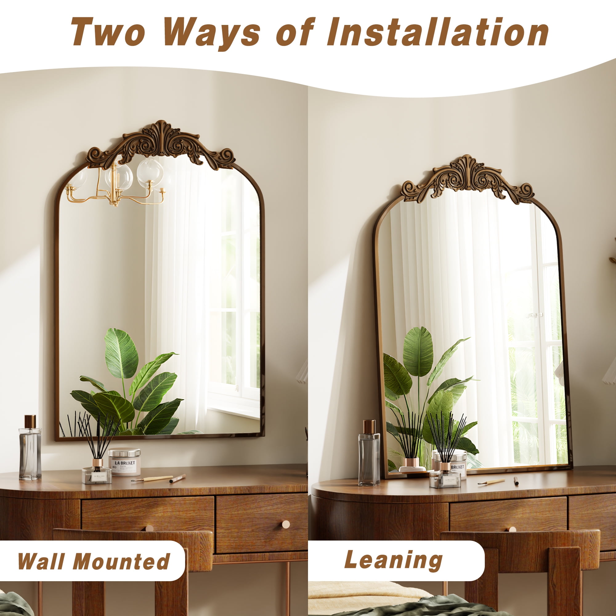 BEAUTYPEAK Arched Wall Mirror Vintage Metal Bathroom Vanity Mirror (Bronze, 24 in x 38 in) bmu2a