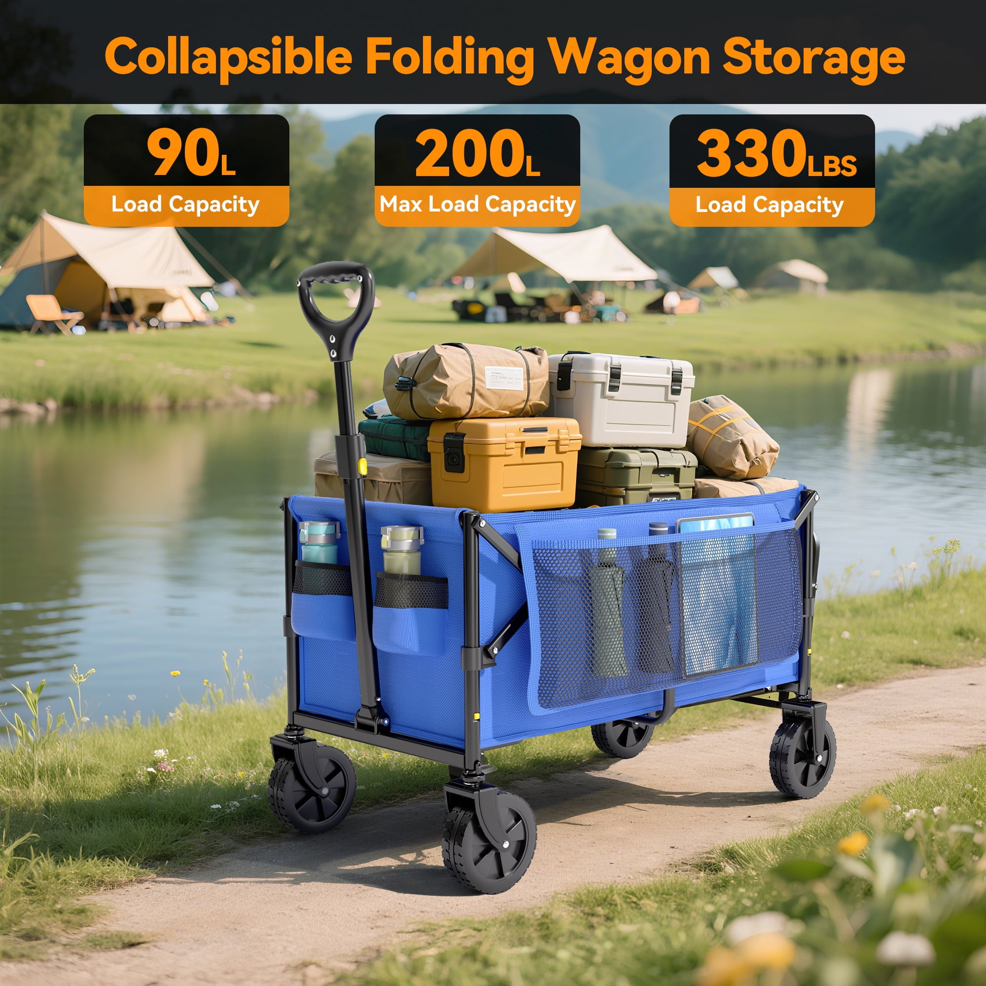 VECUKTY Collapsible Folding Utility Wagon, Heavy-Duty Outdoor Cart for Camping and Gardening (Blue, 300 lb Capacity) 40el2