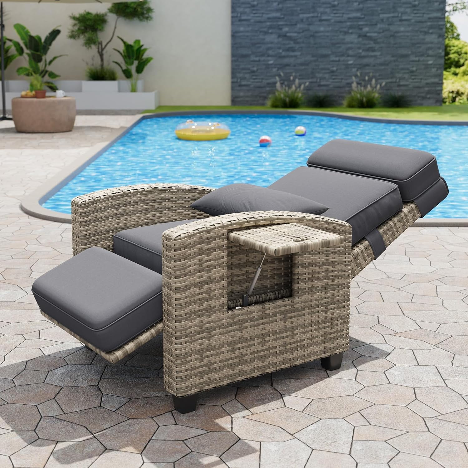 Homhougo Outdoor Rattan Recliner Chair Set (2-Piece, Grey, Adjustable 150° Lay Flat Lounge with Side Table) l8vku