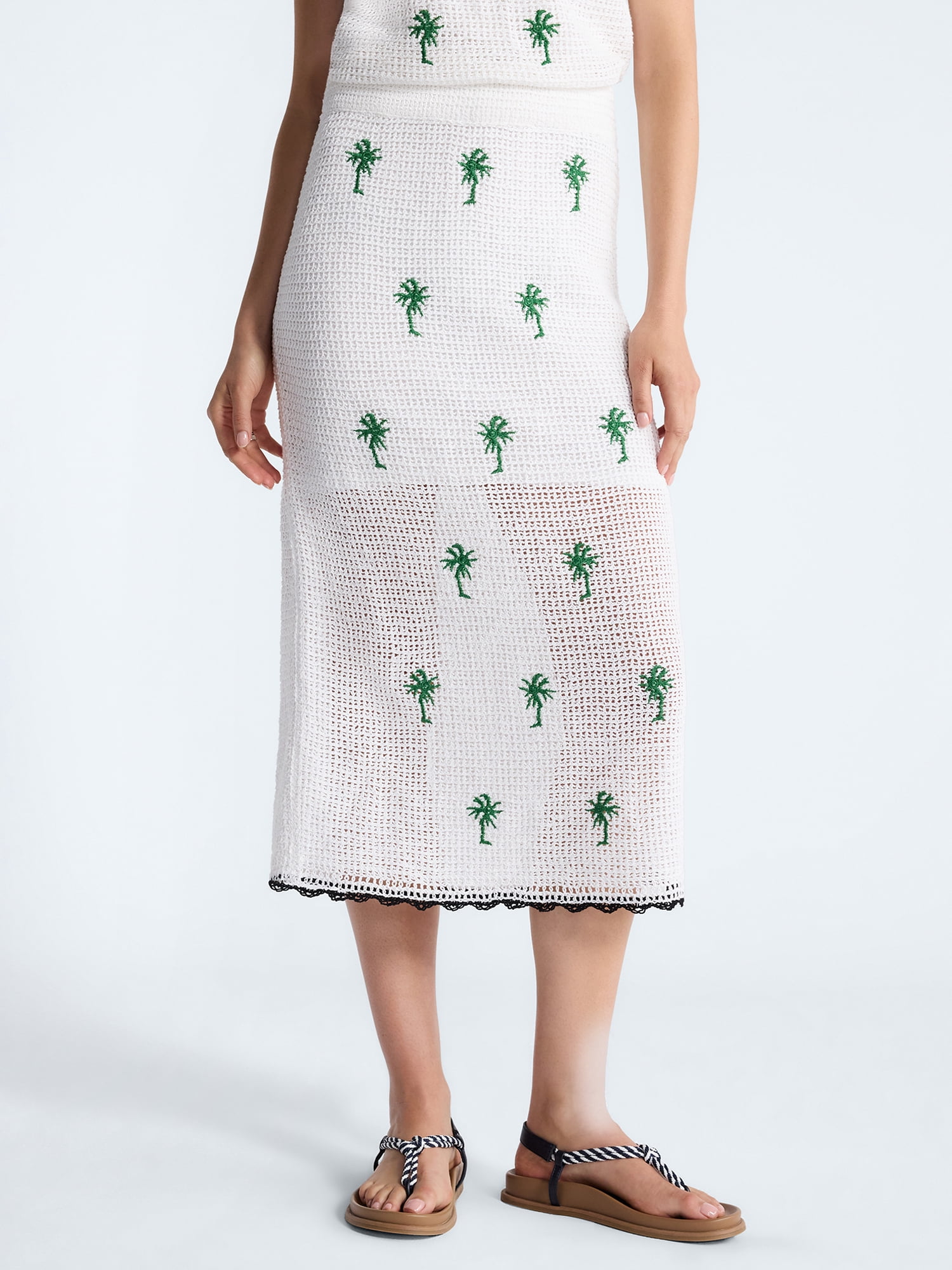 Free Assembly Women's Embroidered Knit Cotton Pencil Midi Skirt (White, XS) 8cl0p