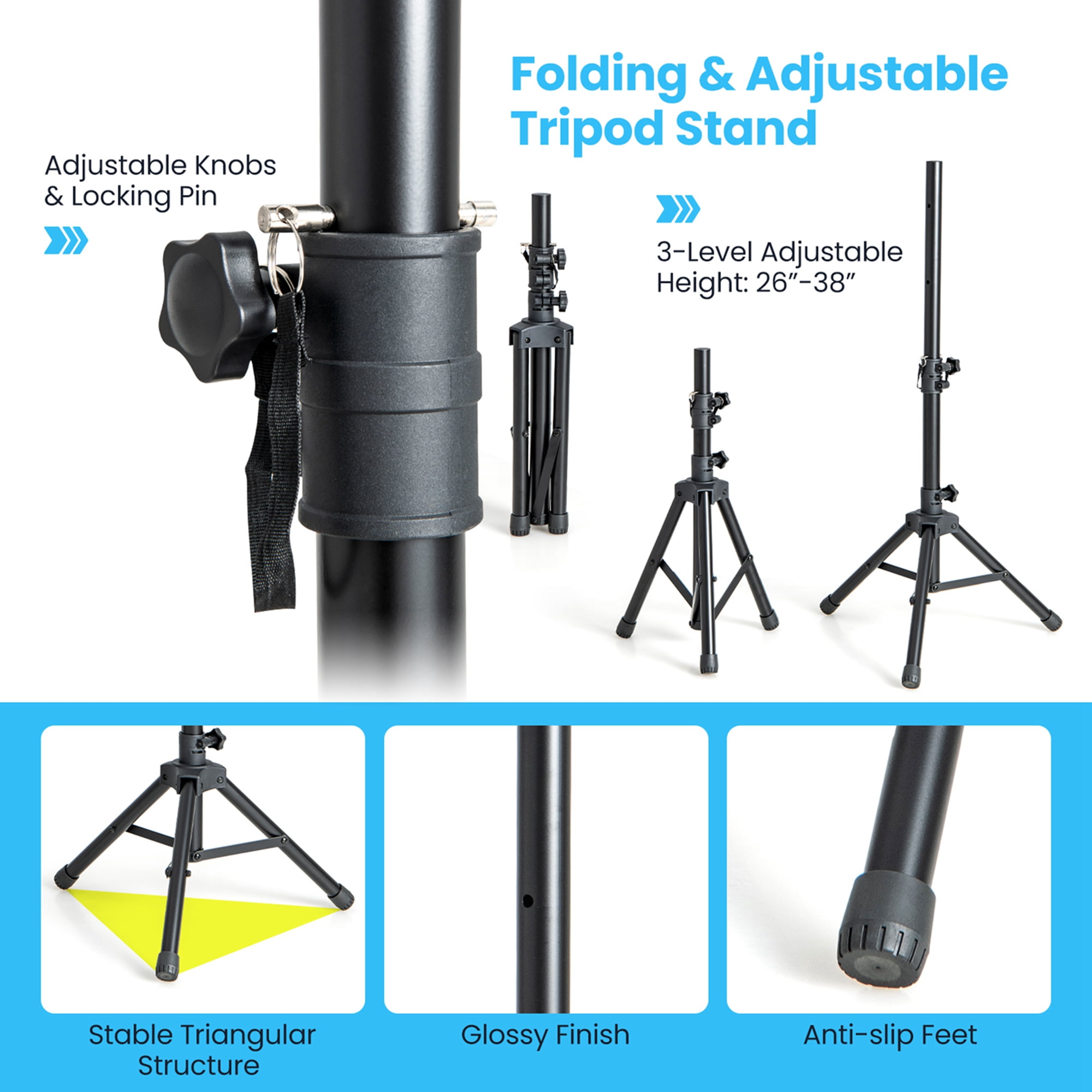 Costway Sonart Dual Portable Powered Loudspeaker System with Adjustable Tripod Stands (Black, 12 in x 10.5 in x 16.5 in) blunu