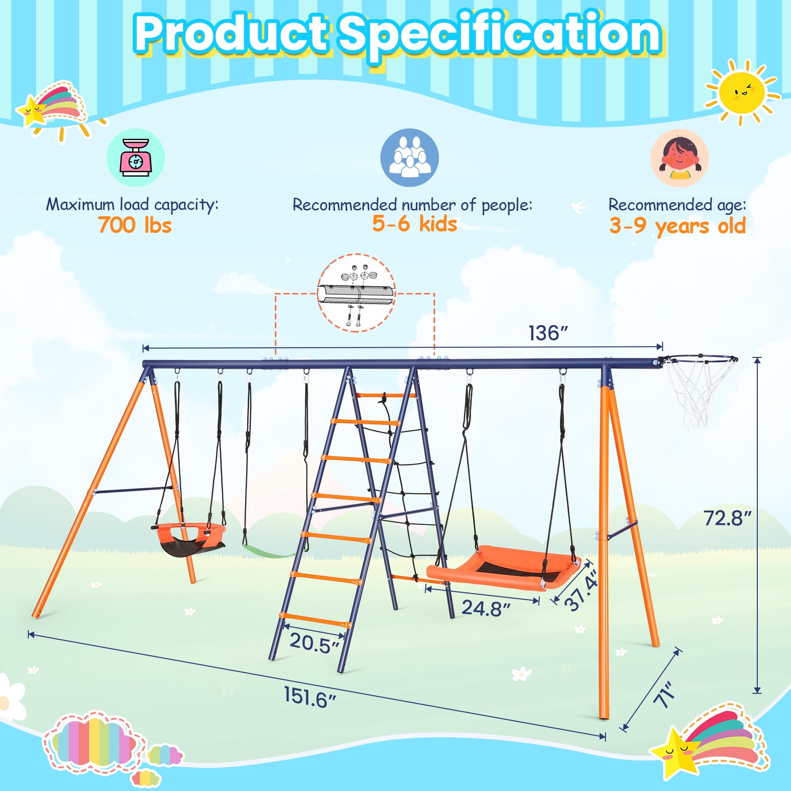 Veeboto 6-in-1 Outdoor Swing Set, Heavy-Duty Metal Backyard Playground with Climbing Ladder and Basketball Hoop (Orange, 700 lb Capacity) fn8wc