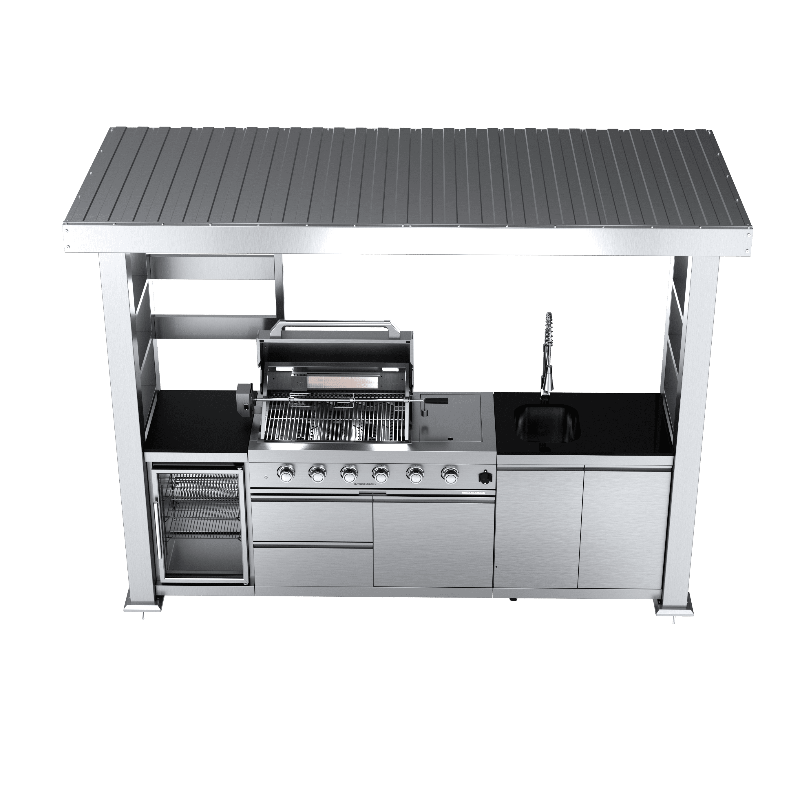HomeMindful 110-inch Outdoor Kitchen Island with 4-Burner Gas Grill, Wine Cooler, and Granite Countertops (Black, 110 in) 1paas