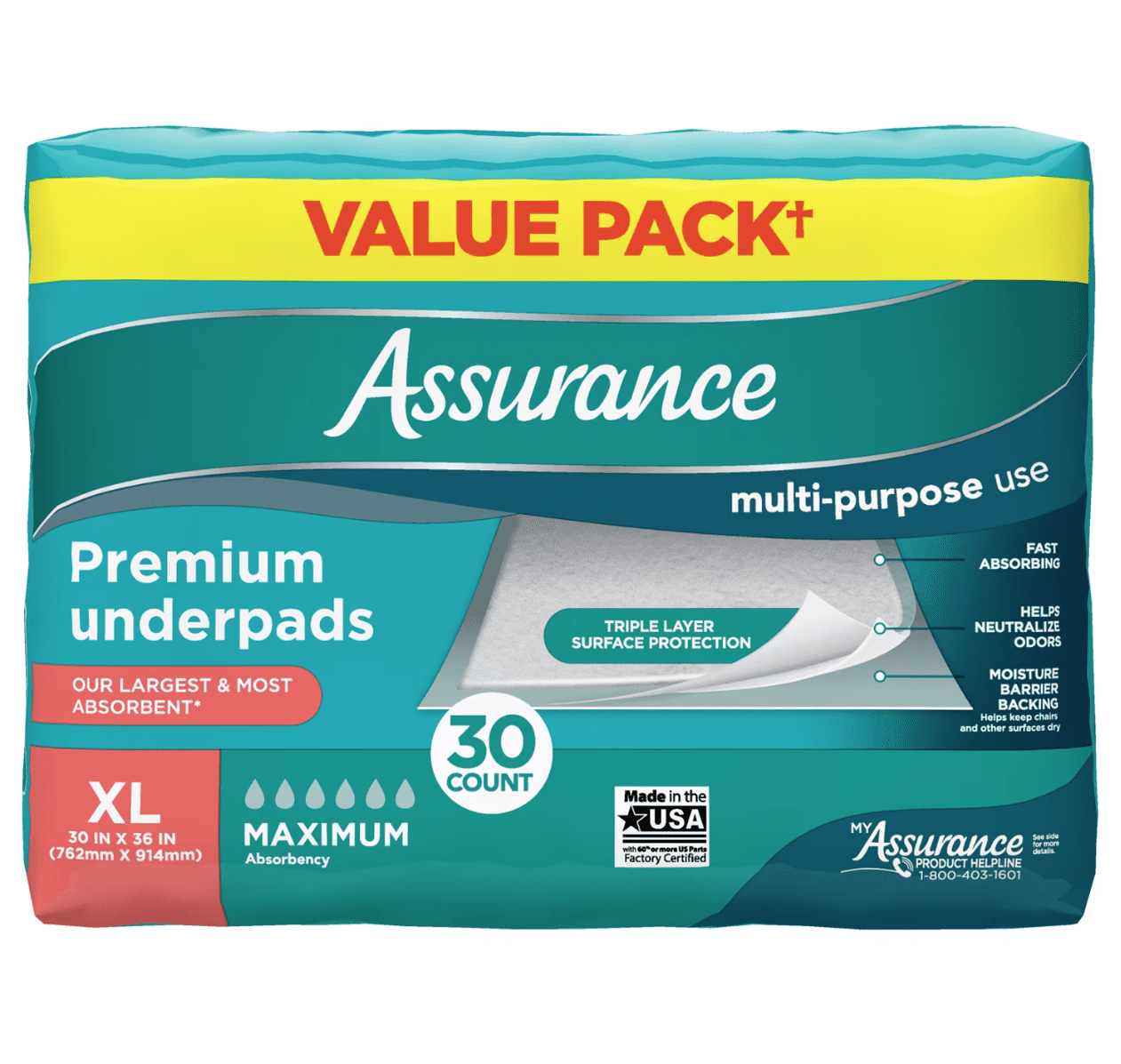 Assurance Premium Underpads for Adults, Maximum Absorbency, Leak-Proof Protection (XL, 30 Count) mqfx1
