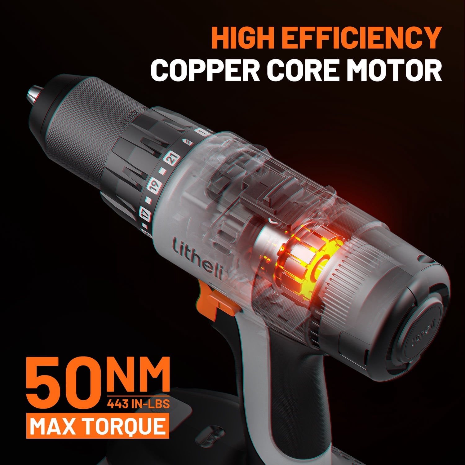 Litheli 20V Cordless Drill Driver (1/2 in Chuck, 2.0Ah Battery, 442 in-lb Torque) 3wpql