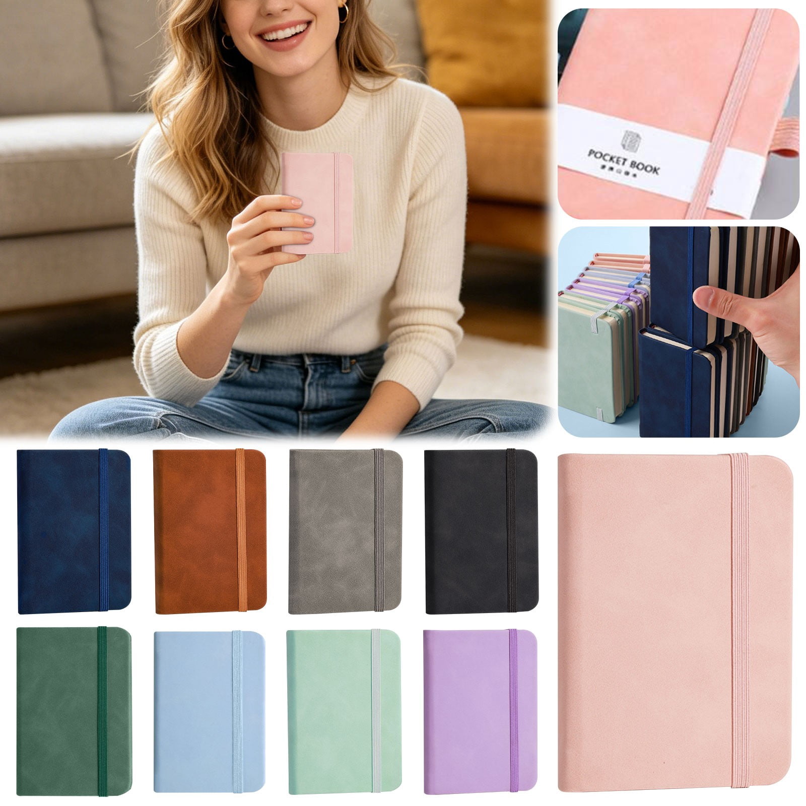GZSZGIQ Pocket Notebook Journal with Leather Cover and Strap, Lined Mini Notepad for Daily Note Taking (Purple, 4.3x3 in) 8452z