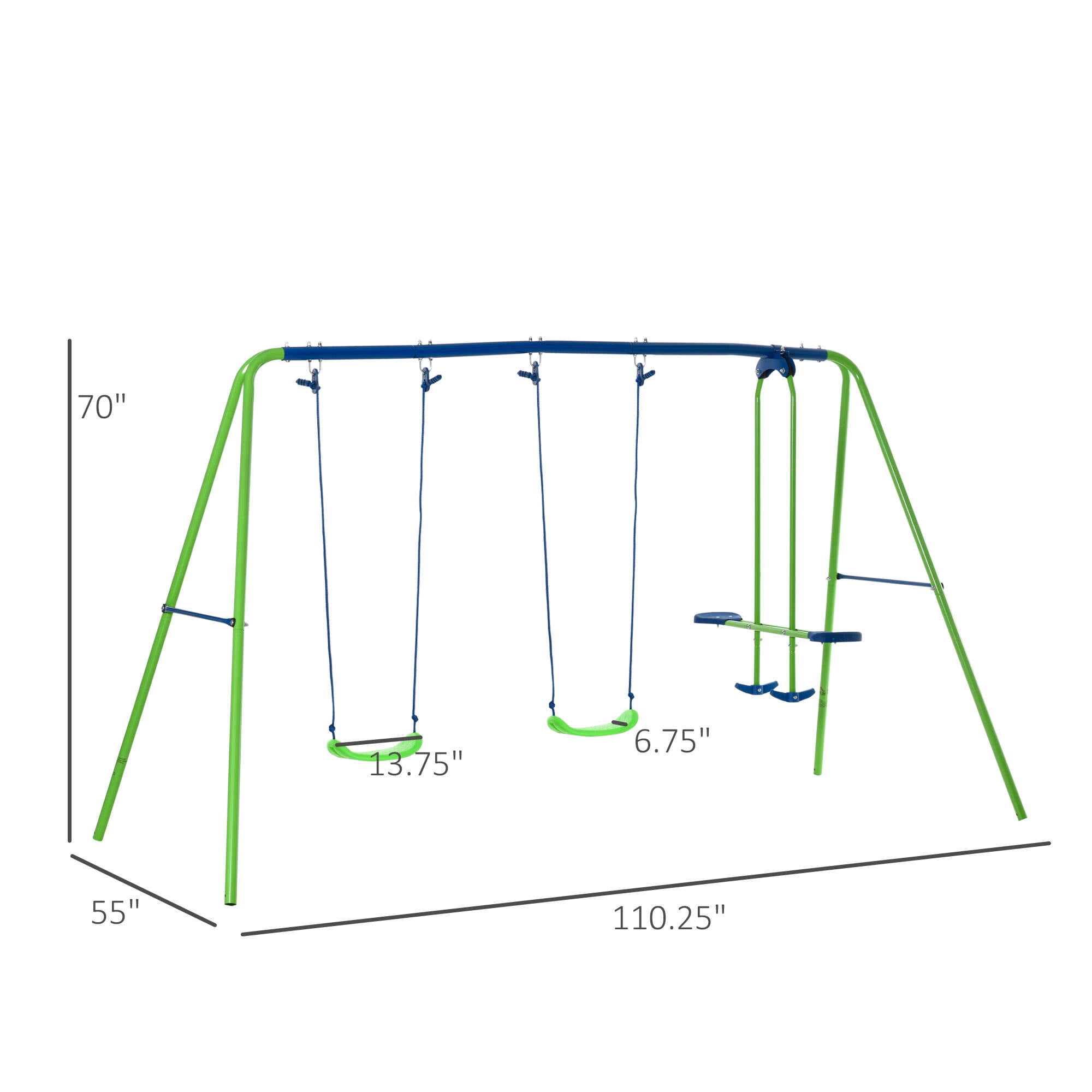 Outsunny Metal Swing Set with Glider and Two Adjustable Seats (Green, 110.25 in x 55 in x 70 in) fdgec