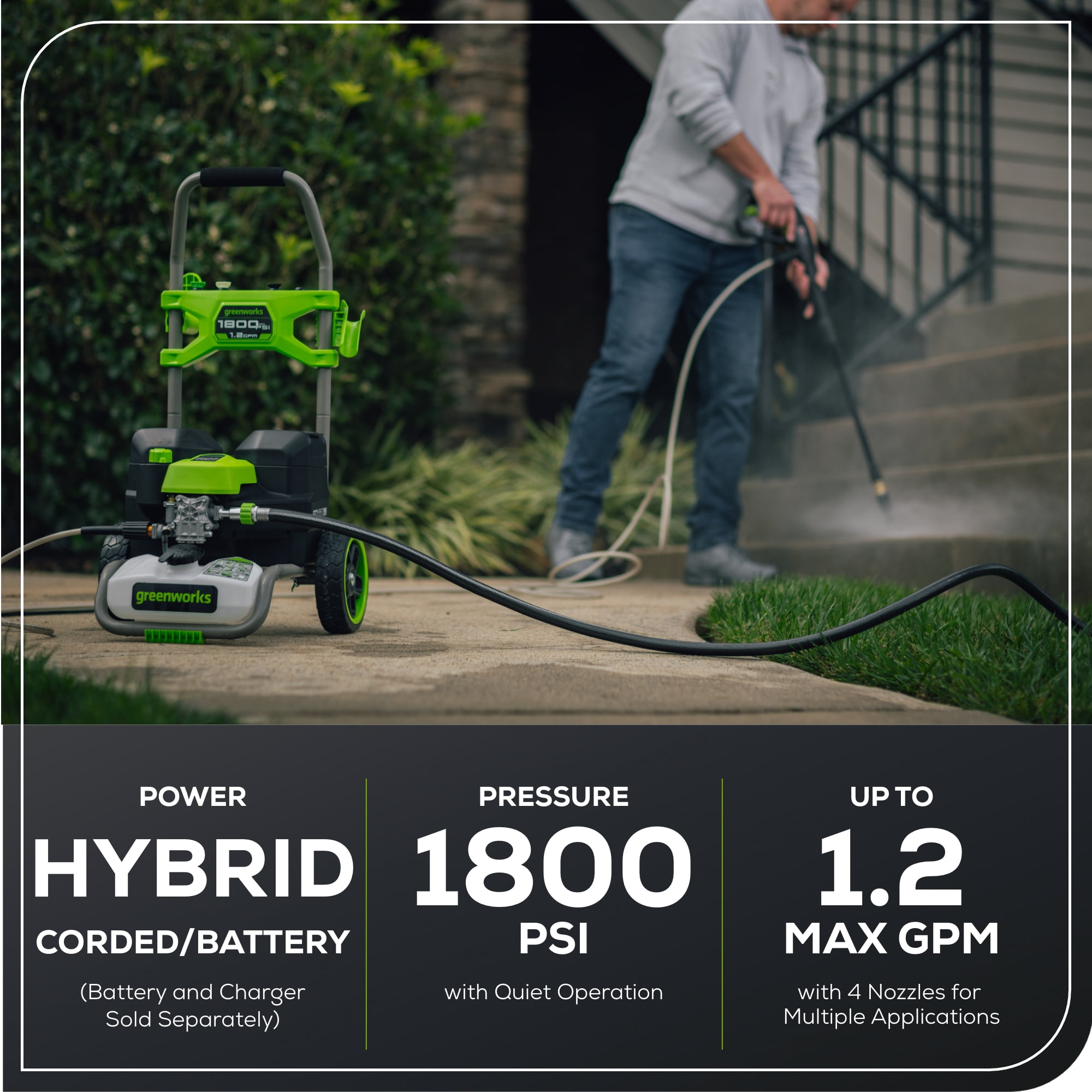 Greenworks Hybrid 60V Electric Cold Water Pressure Washer (1800 PSI, 1.2 GPM, 25 ft Hose) 1u5o1