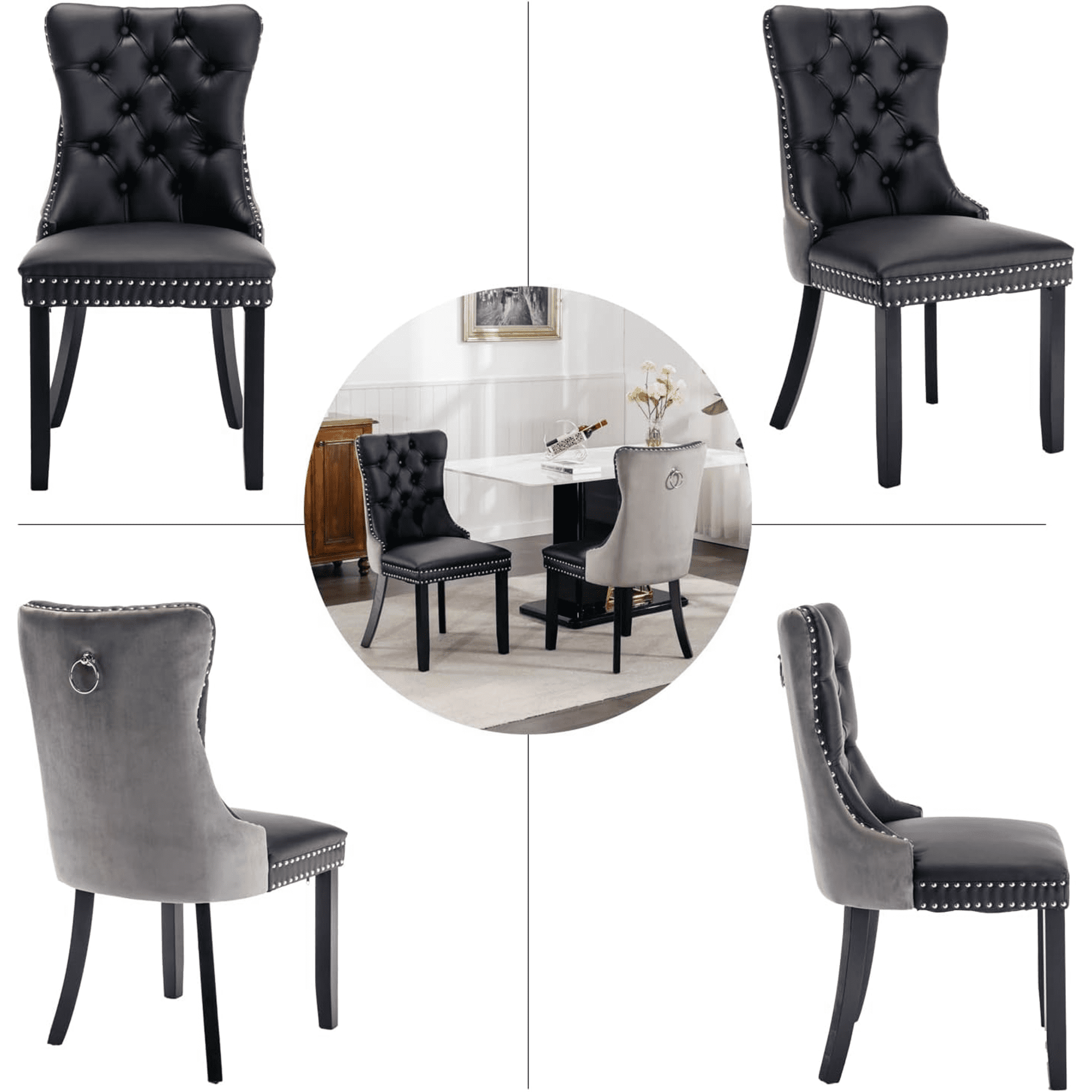 LegaHome Modern Upholstered Dining Chairs with Nailhead Trim and Solid Wood Legs (Gray and Black, Set of 4) veuq9