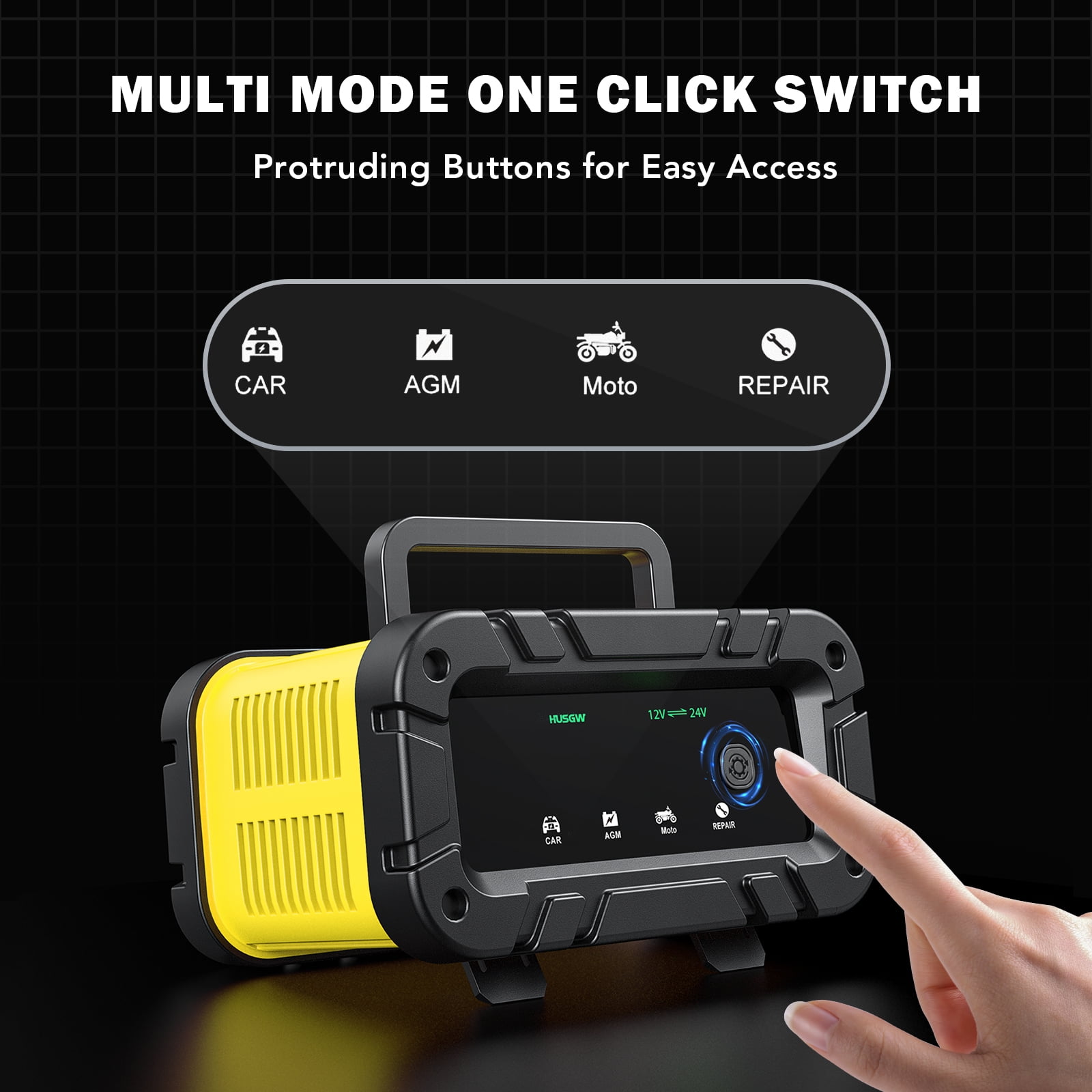 HUSGW Smart Car Battery Charger, Fully-Automatic 12V 20A and 24V 10A Dual Voltage Power Supply for Lead-Acid and LiFePO4 Batteries (Yellow) 09uza