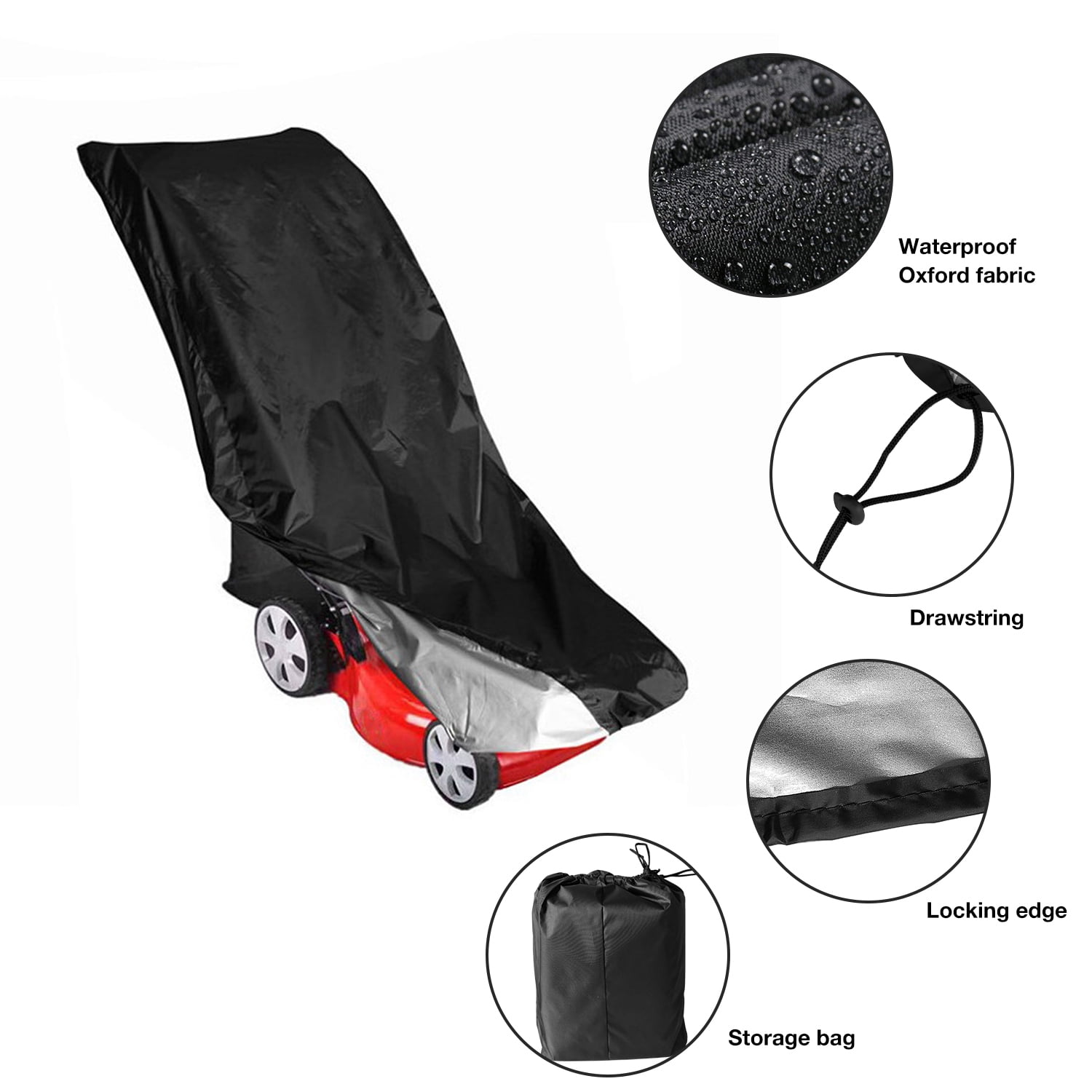 OPTUTUS Heavy-Duty Waterproof Lawn Mower Cover, UV Protection with Drawstring (Black, 75 x 26 x 43 in) xe45x