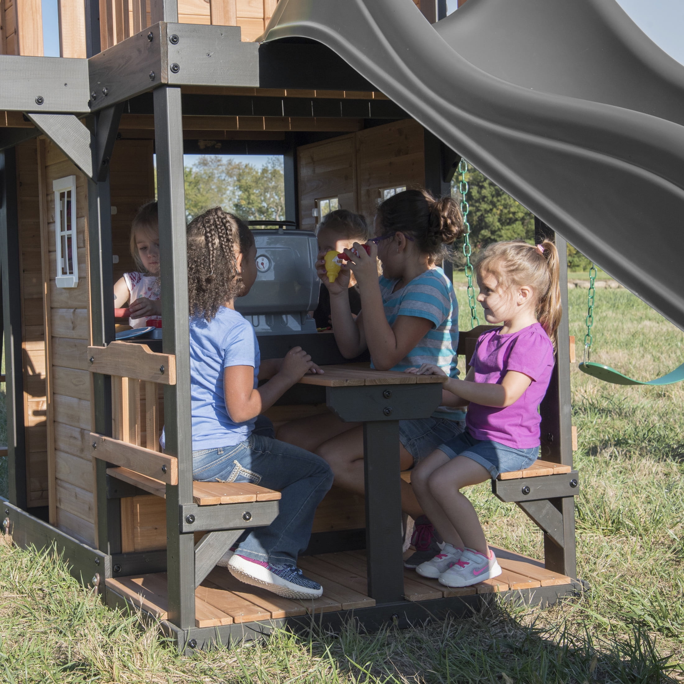 Backyard Discovery Canyon Creek Cedar Wood Swing Set with Clubhouse, Slide, and Rock Wall (Light Brown, 11-Child Capacity) jqat2