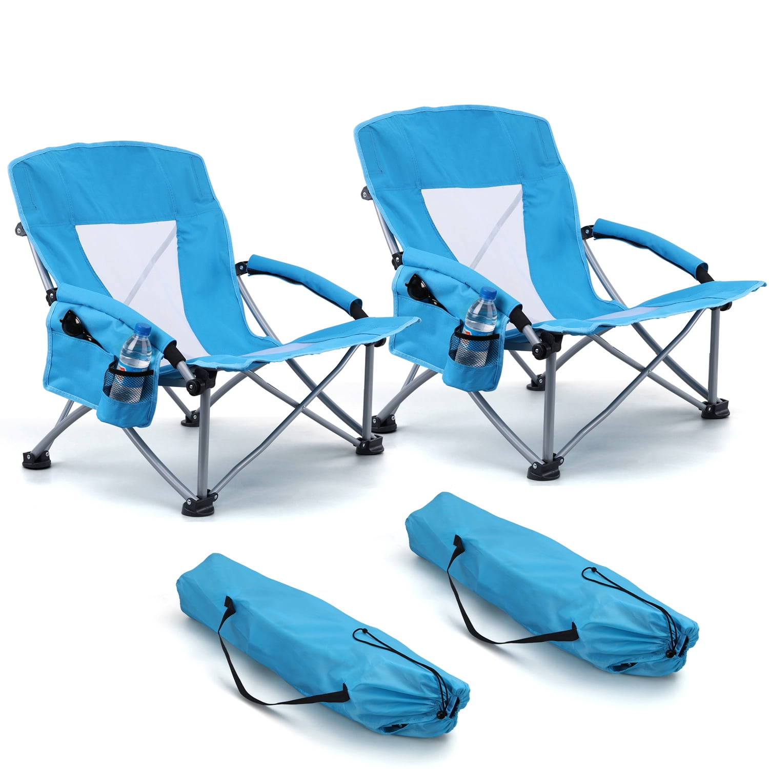Walchoice Folding Beach Chairs with Cup Holder and Carry Bag, Low Back Support, Heavy-Duty Portable Outdoor Seating (Blue, 2 Pack) dzkr7
